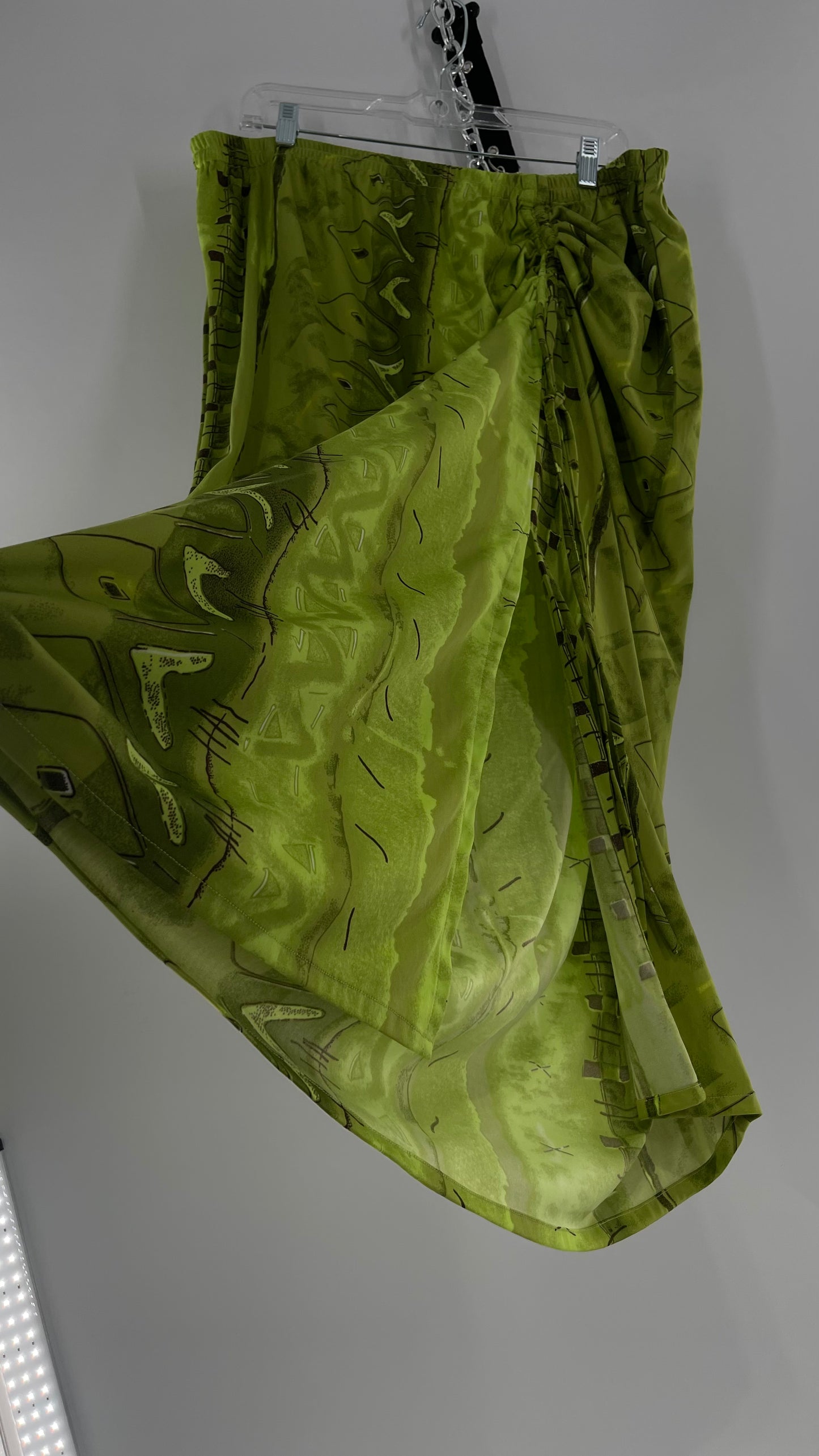 Vintage 90s Lime Green Patterned Ruche Side Slit Skirt (XXL)