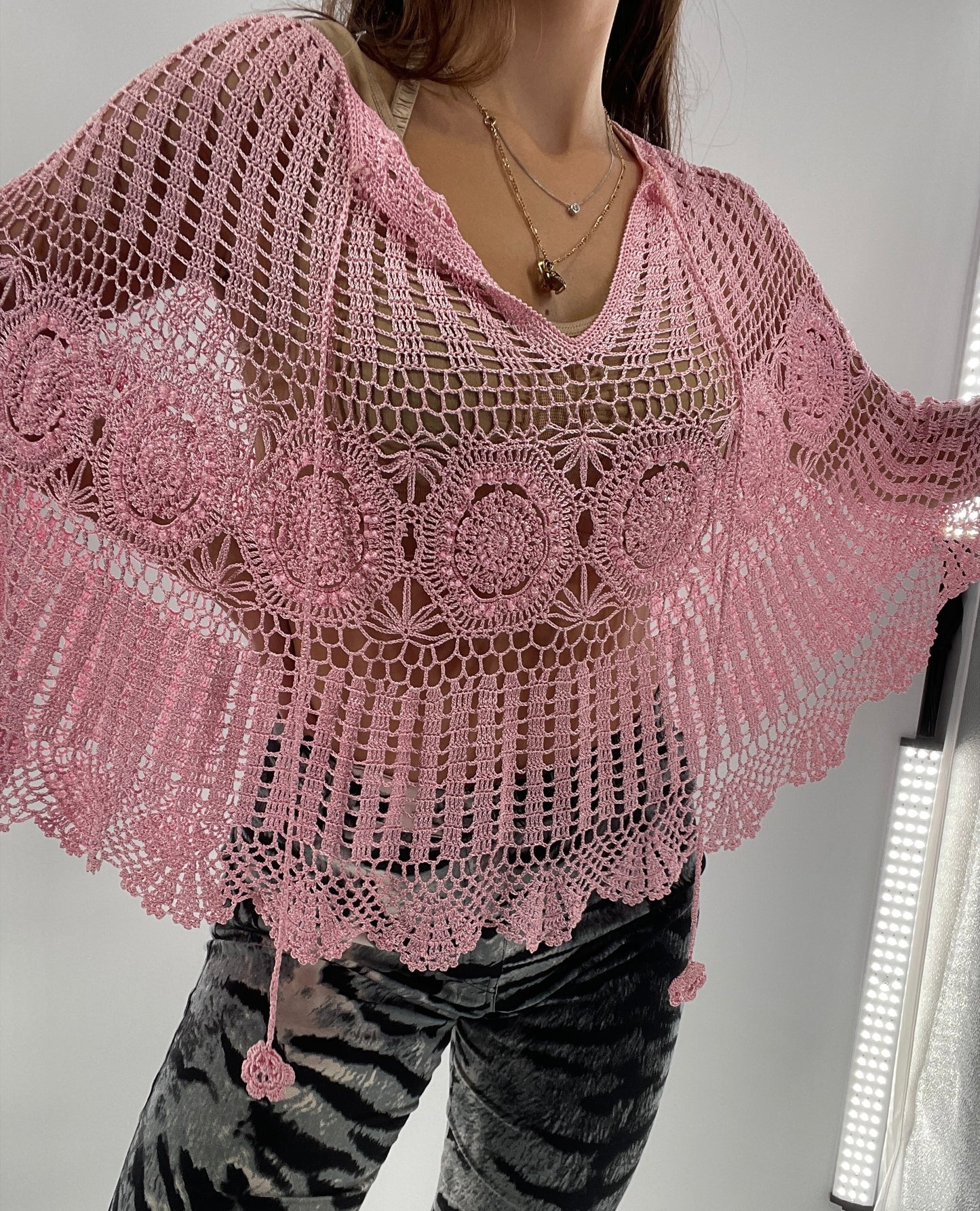 Vintage J&X NY BubbleGum Pink Crochet Embellished Poncho (One Size)