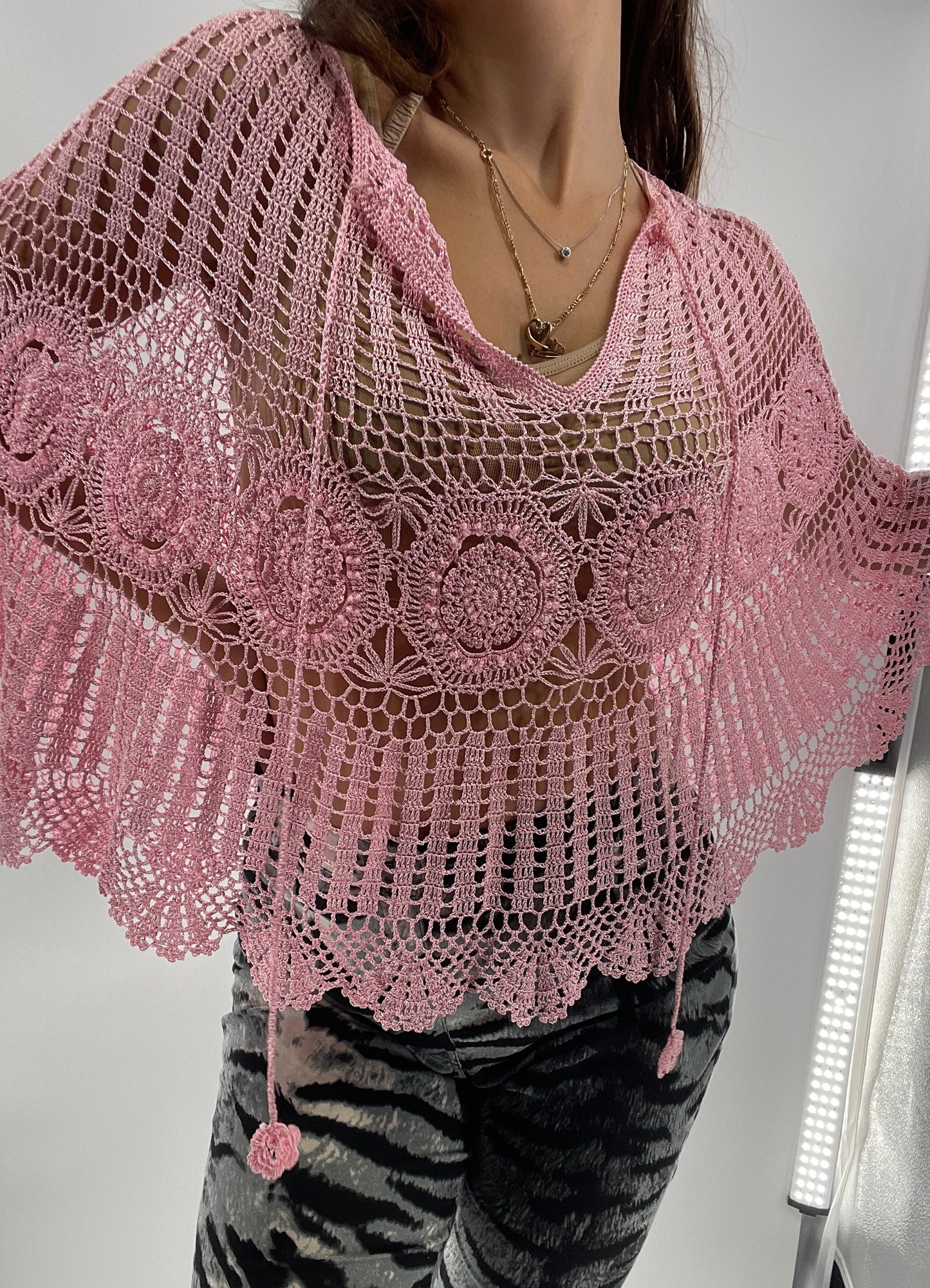 Vintage J&X NY BubbleGum Pink Crochet Embellished Poncho (One Size)