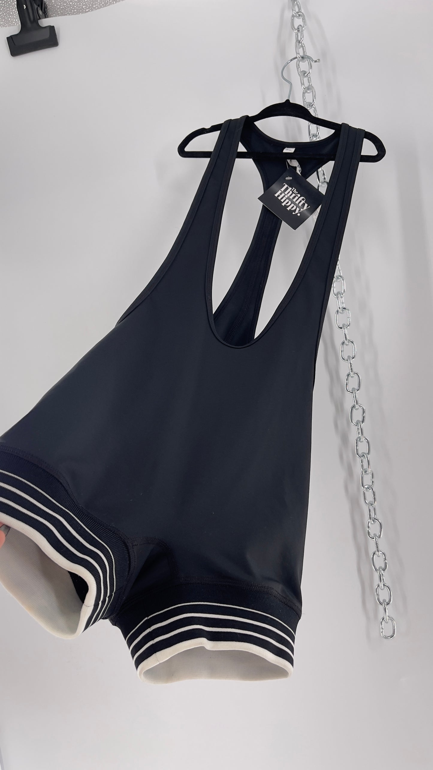Without Walls Black Swim Romper with Striped Elastic Hems (XS)