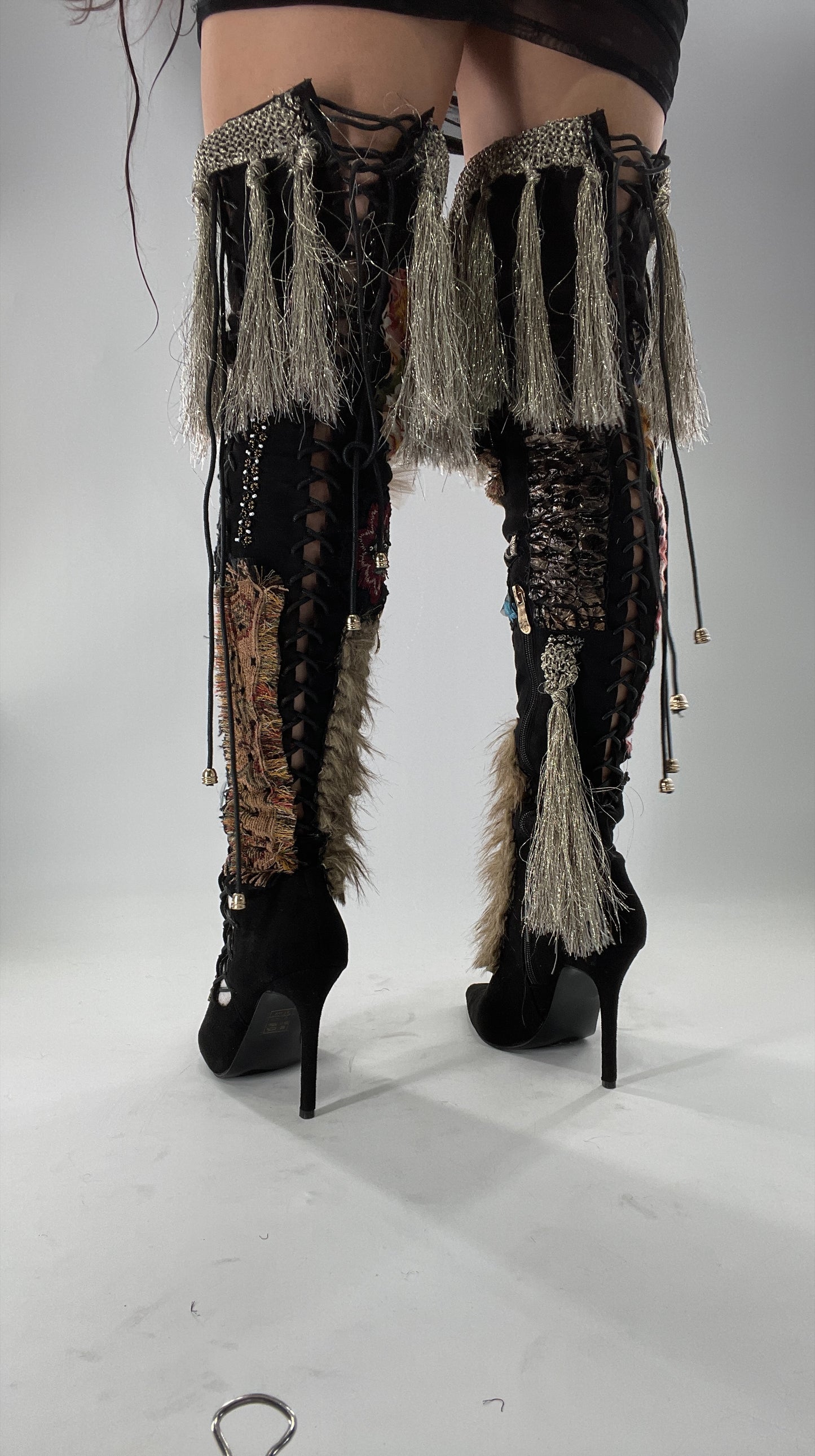 Custom Hand Sewn + Embroidered Thigh High Boots (7.5)