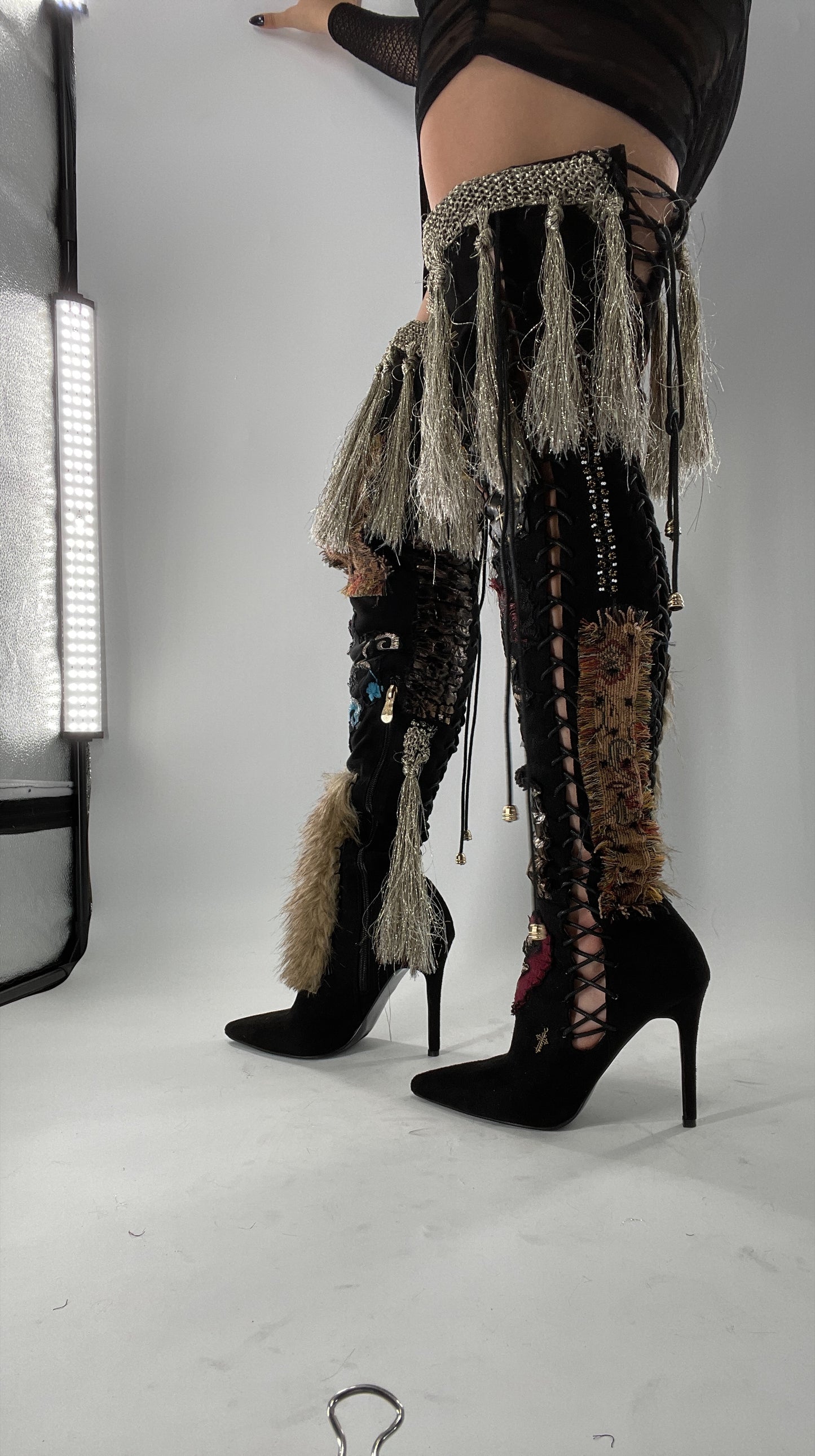 Custom Hand Sewn + Embroidered Thigh High Boots (7.5)