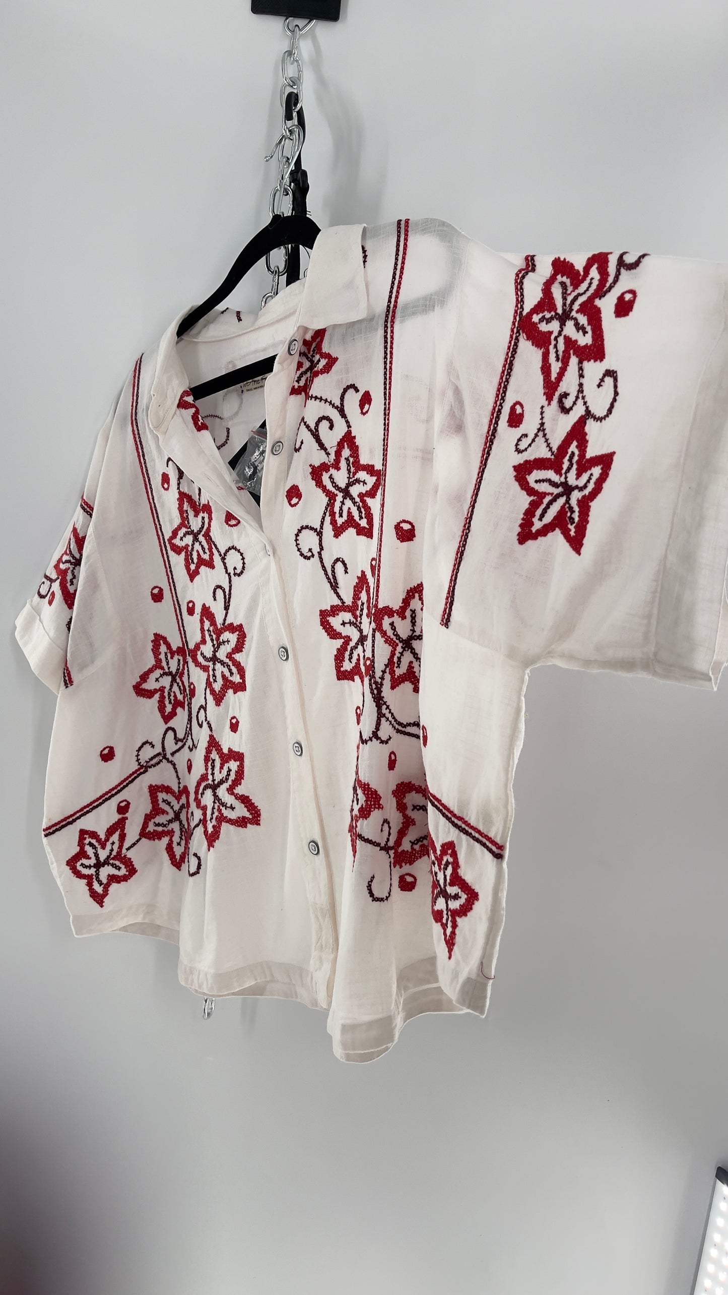 Free People White Cotton Boxy Button Short Sleeve with Red Needlepoint Embroidery (Small)