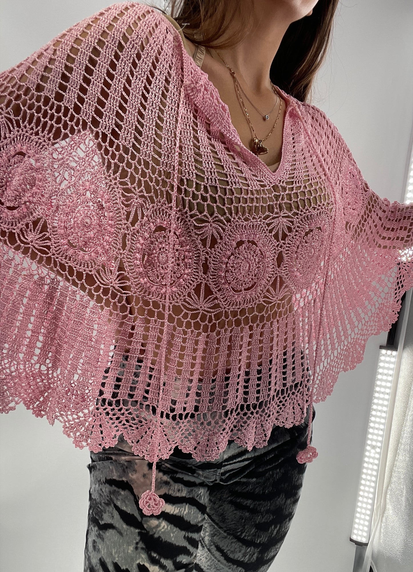 Vintage J&X NY BubbleGum Pink Crochet Embellished Poncho (One Size)