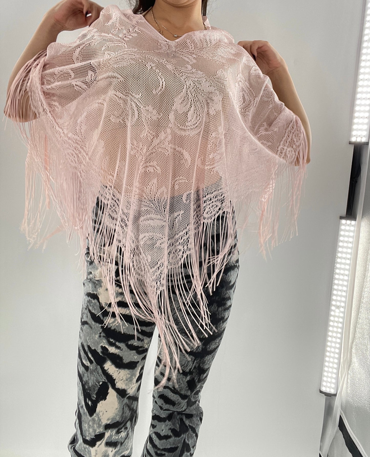 Vintage Pink Fringe Poncho (One Size)