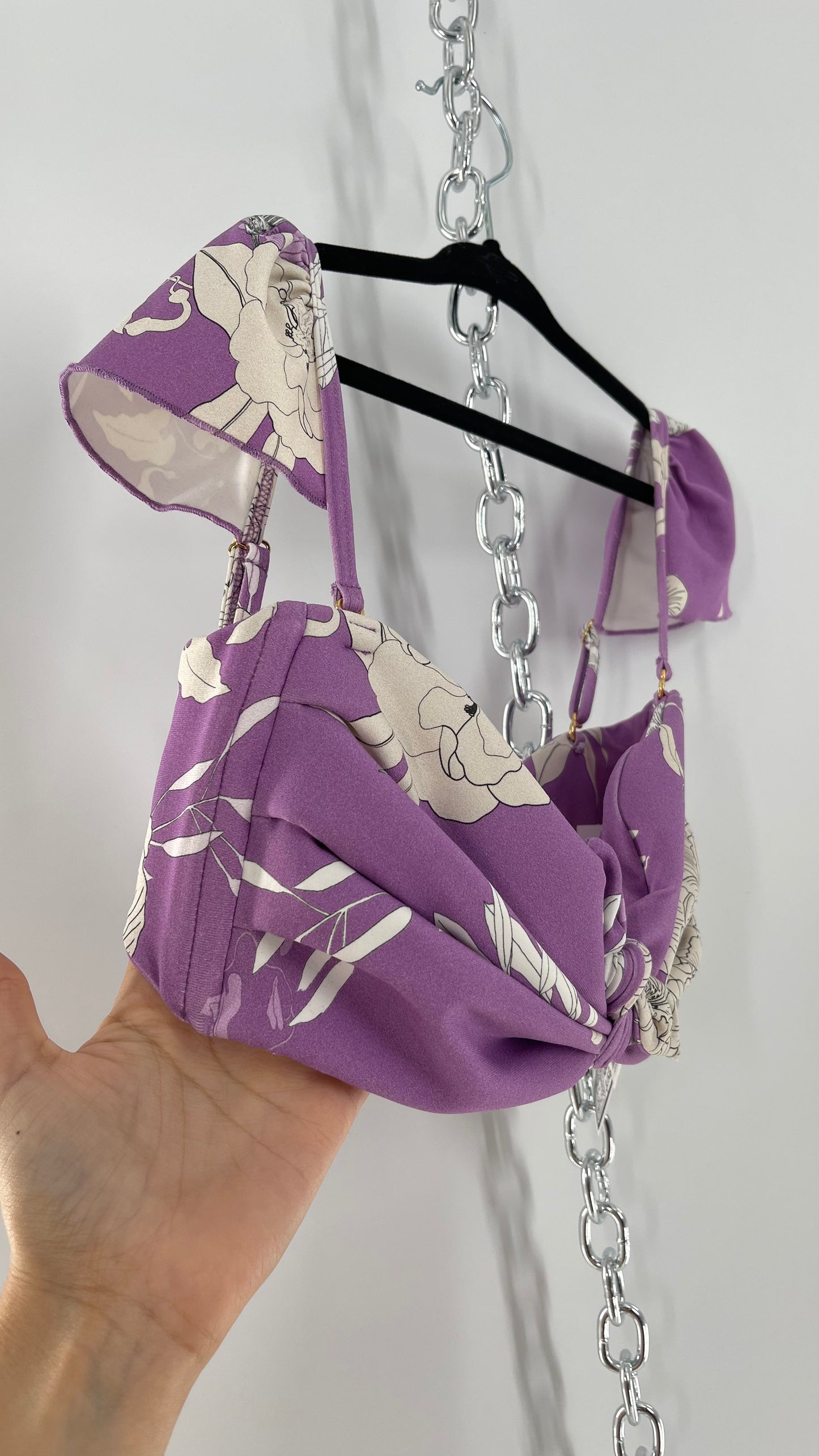 Montce Lilac Lavender Floral Swim Top with Tie Front and Ruffled Shoulder (Medium)