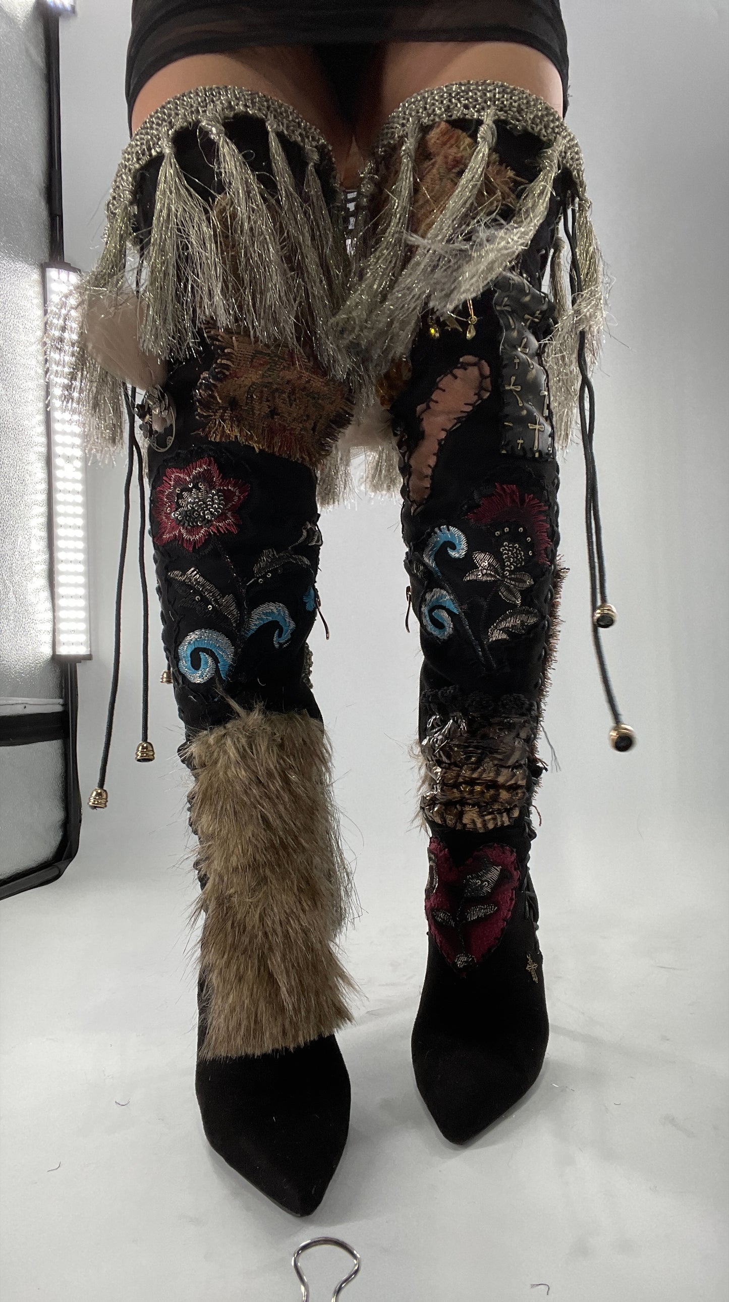 Custom Hand Sewn + Embroidered Thigh High Boots (7.5)