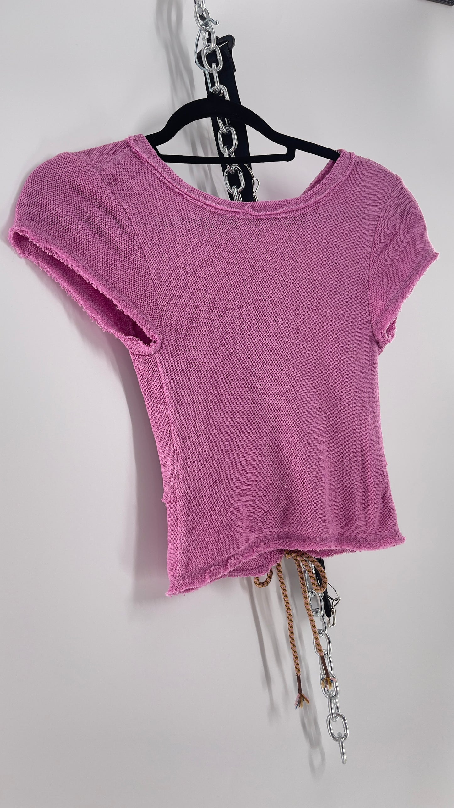 Free People Purple/Pink Gauze/Mesh Crop with Ruched Rope Bust + Cutout (XS)