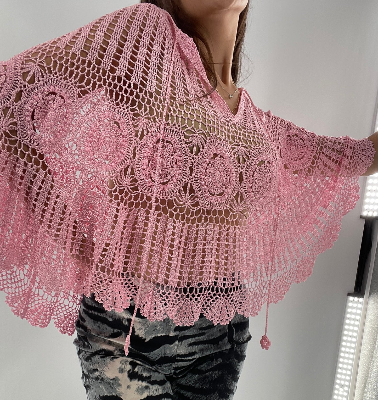 Vintage J&X NY BubbleGum Pink Crochet Embellished Poncho (One Size)