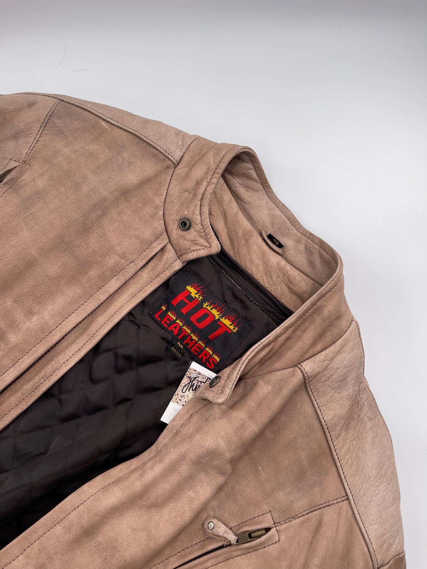 Hot Leathers Light Beige Leather Jacket Front Zipper (Size 46)
