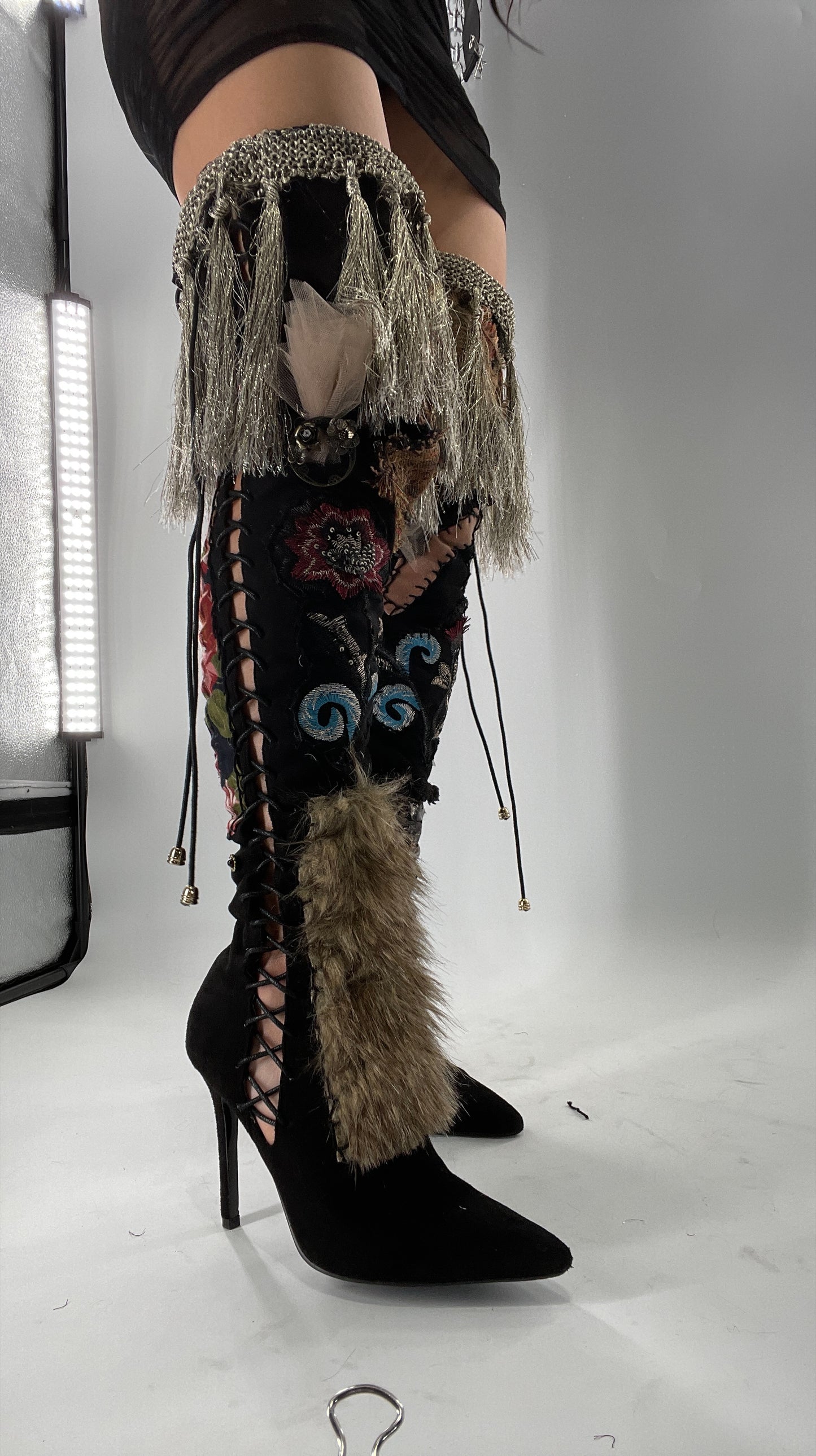 Custom Hand Sewn + Embroidered Thigh High Boots (7.5)