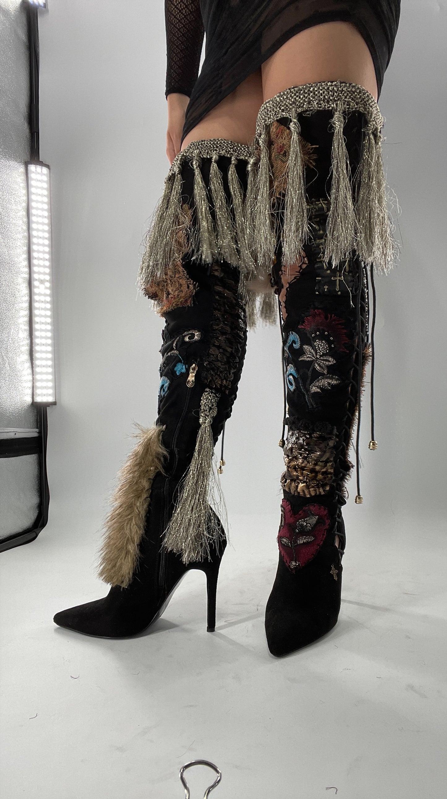 Custom Hand Sewn + Embroidered Thigh High Boots (7.5)