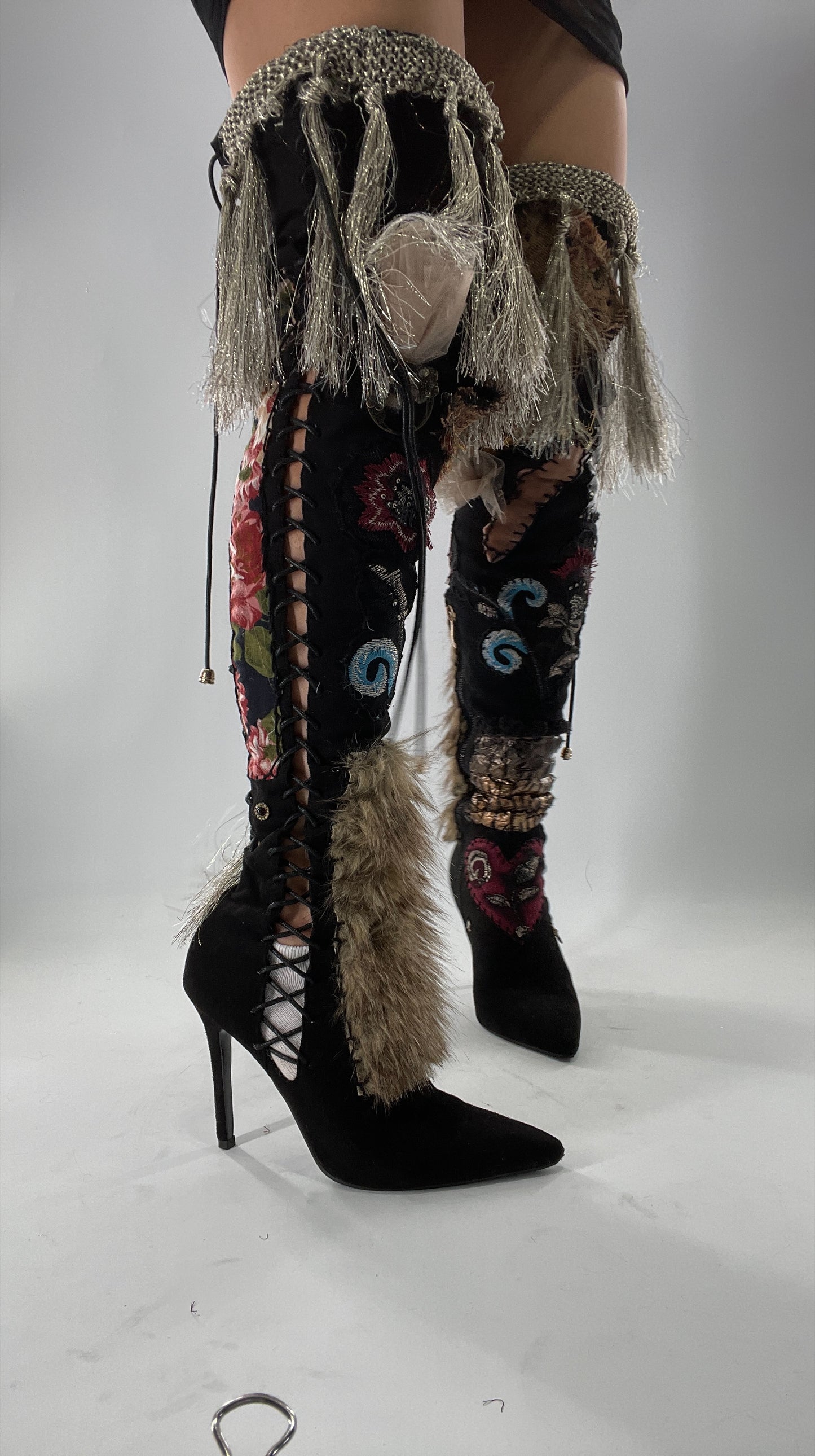 Custom Hand Sewn + Embroidered Thigh High Boots (7.5)