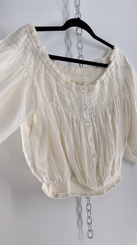 Free People Cotton Off Shoulder Smocked + Buttoned Blouse (Small)