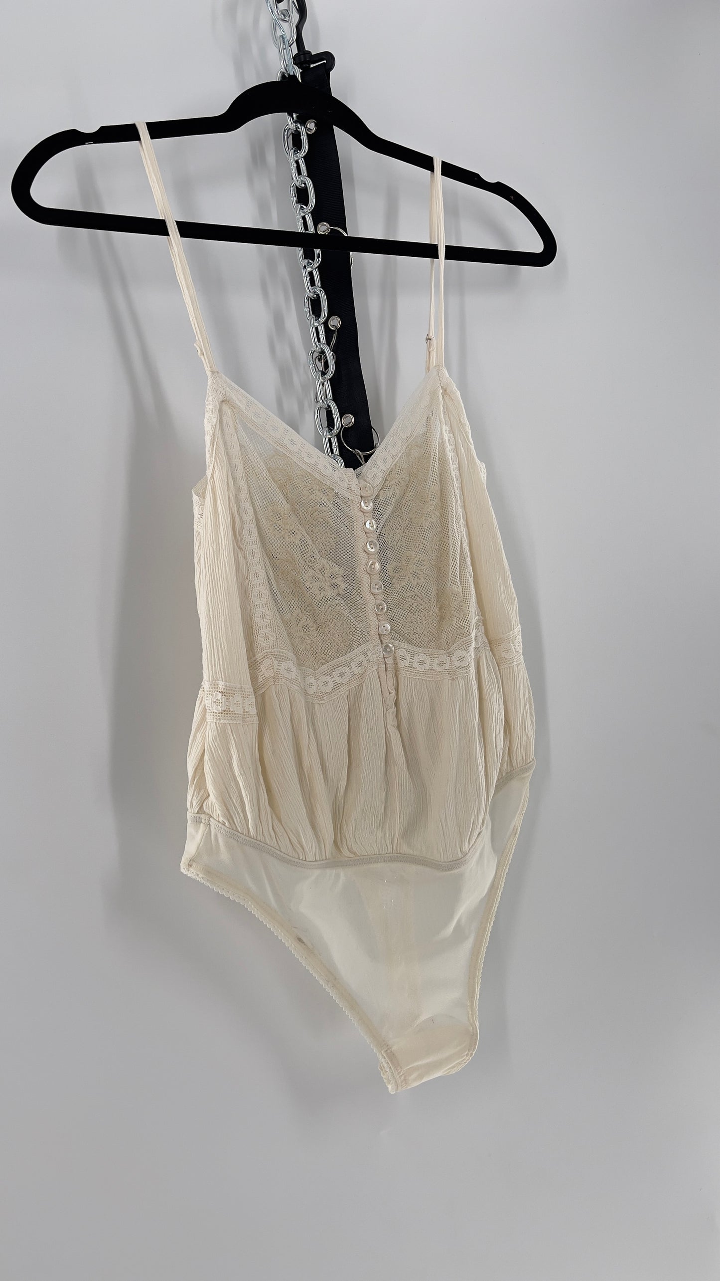 Free People Off White Cotton Bodysuit with Lace Buttoned Bust (Small)