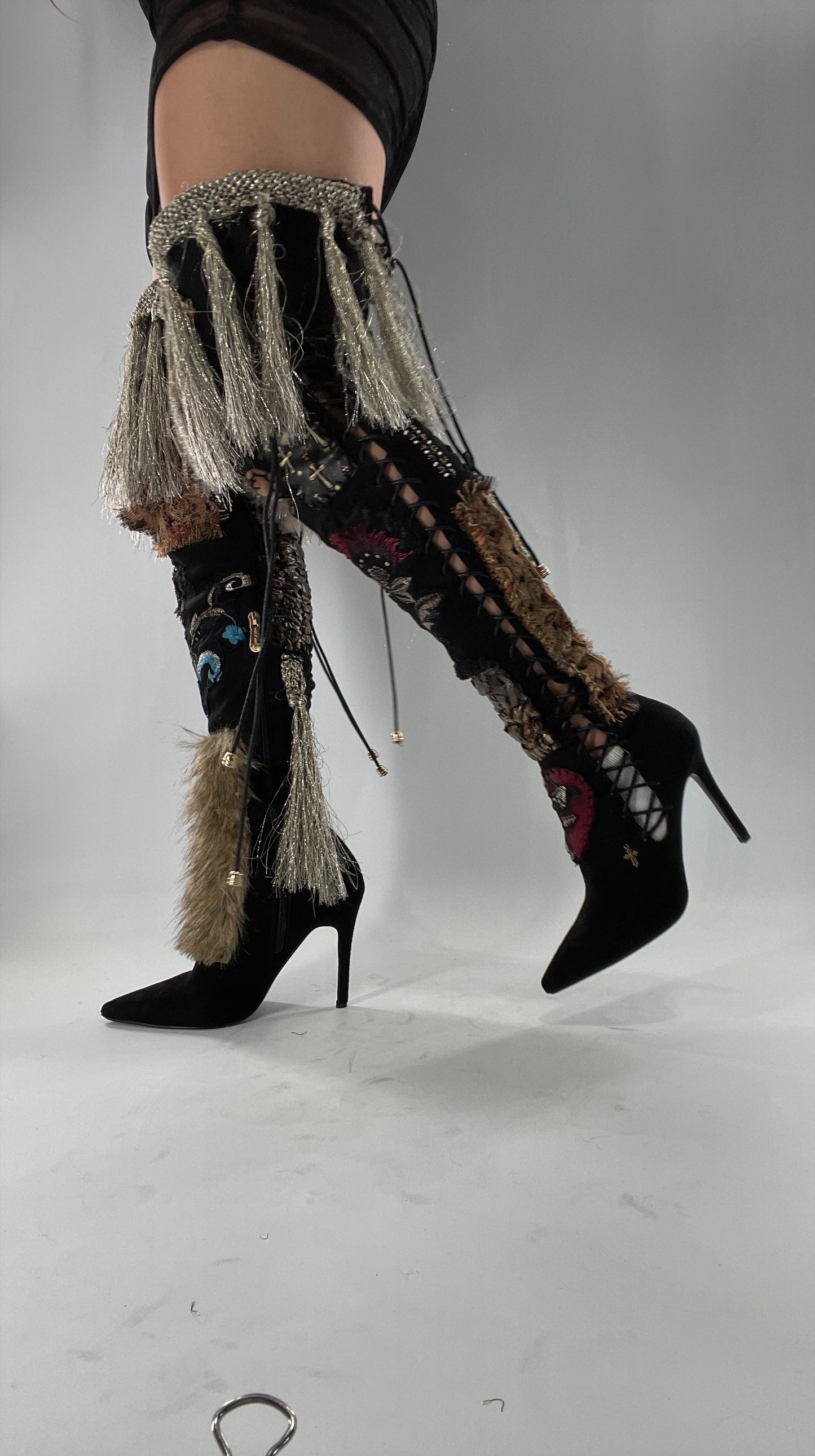 Custom Hand Sewn + Embroidered Thigh High Boots (7.5)