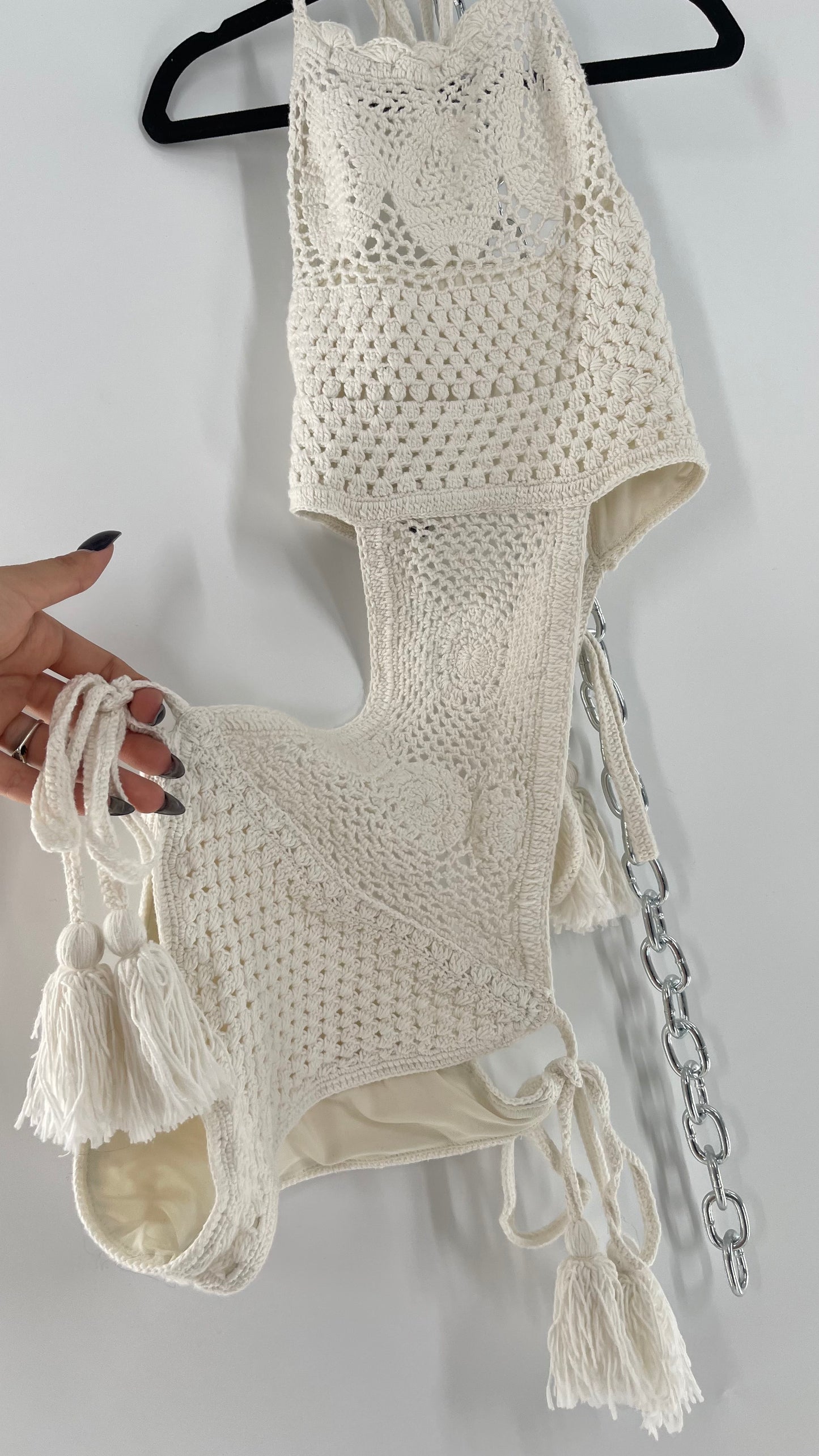 Free People White Crochet Swim Bodysuit (Small)