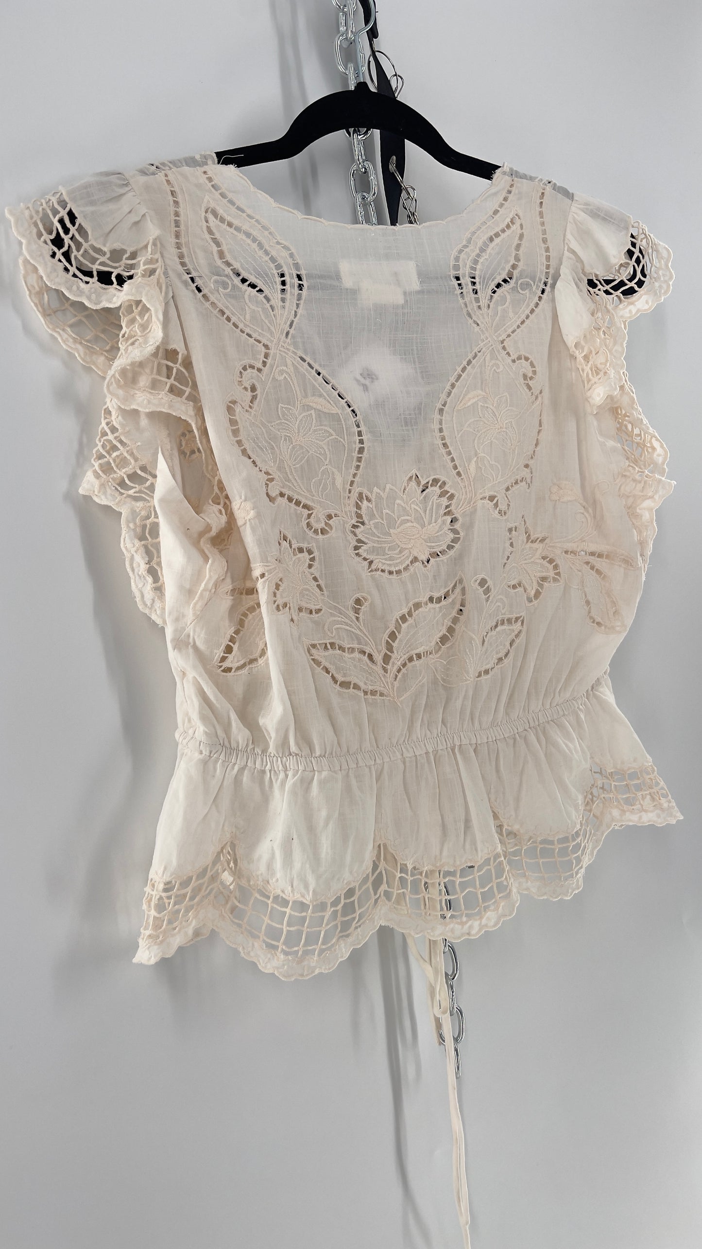 Anthropologie Off White Embroidered Perforated Lace Tie Waist Tank (XS)