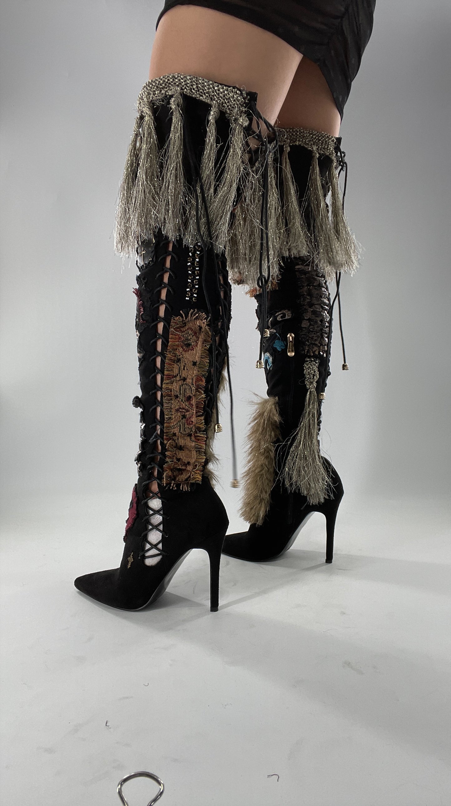 Custom Hand Sewn + Embroidered Thigh High Boots (7.5)