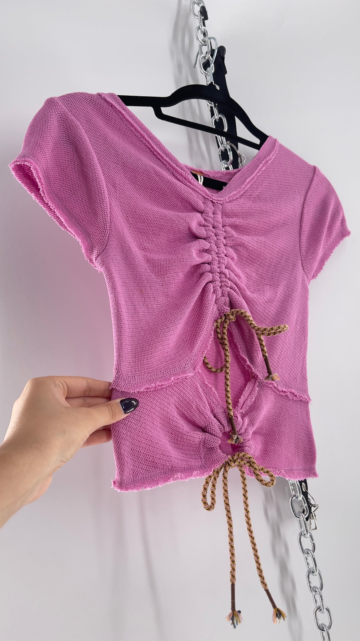 Free People Purple/Pink Gauze/Mesh Crop with Ruched Rope Bust + Cutout (XS)