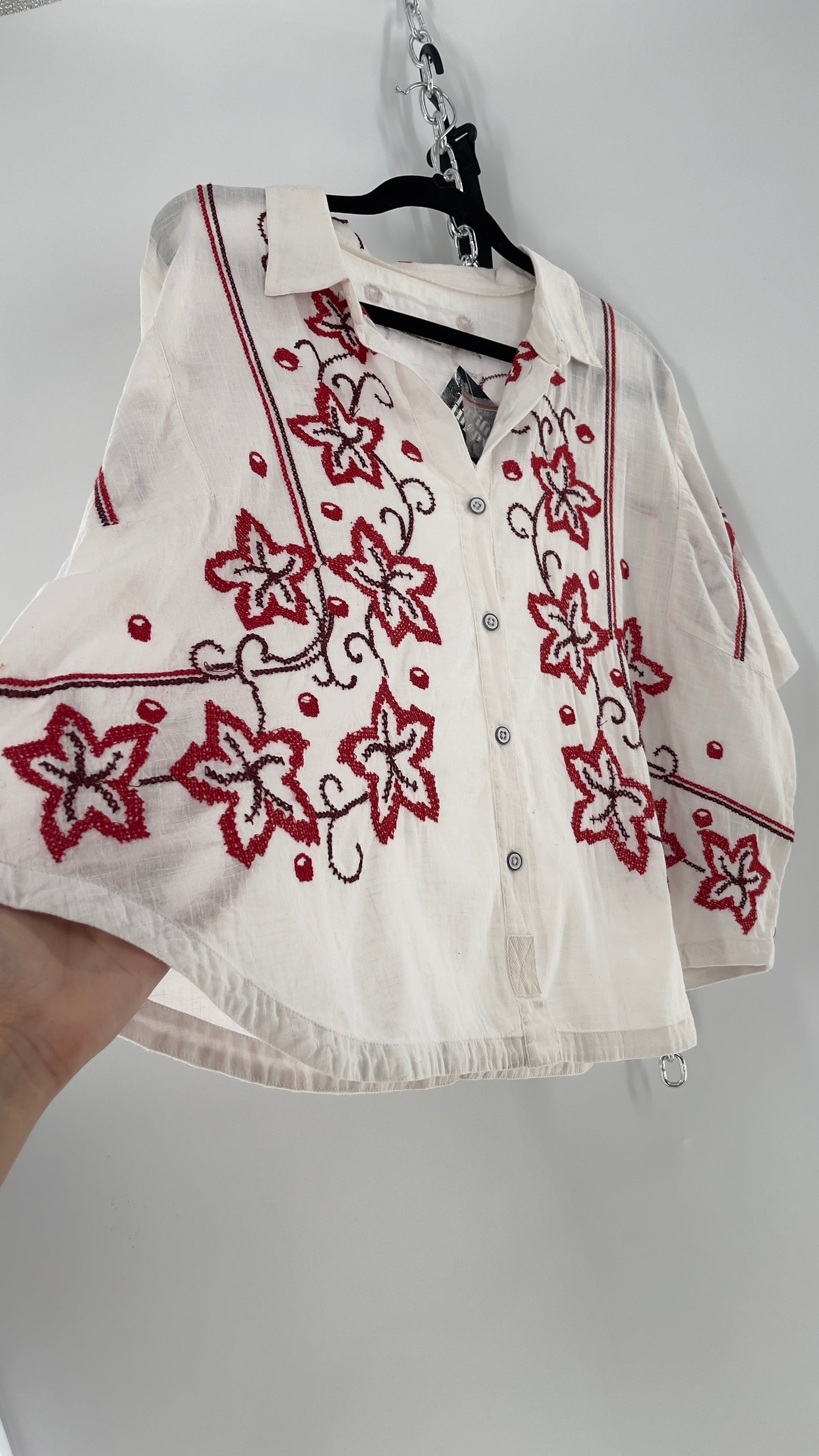 Free People White Cotton Boxy Button Short Sleeve with Red Needlepoint Embroidery (Small)