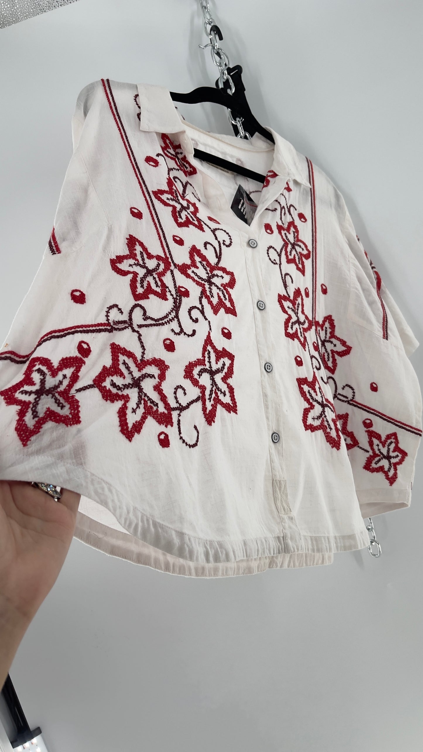 Free People White Cotton Boxy Button Short Sleeve with Red Needlepoint Embroidery (Small)