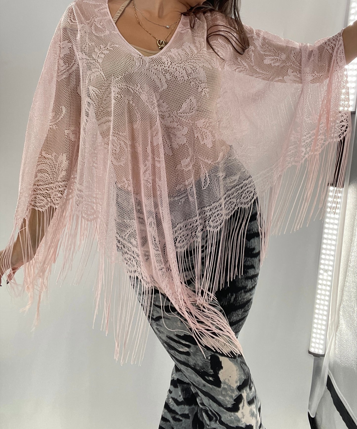 Vintage Pink Fringe Poncho (One Size)