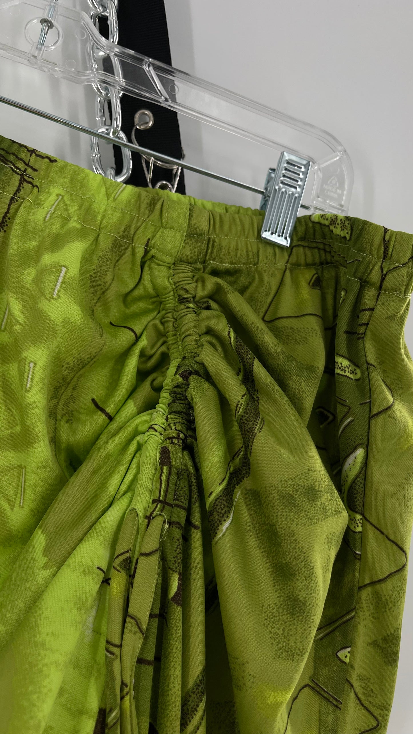 Vintage 90s Lime Green Patterned Ruche Side Slit Skirt (XXL)