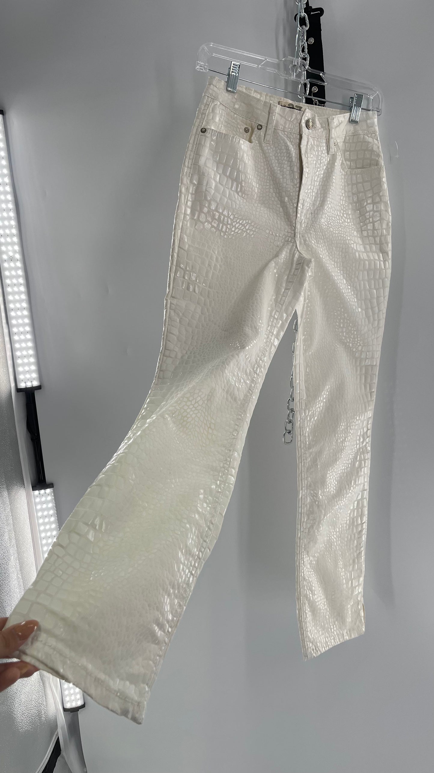 Free People White Straight Leg Jeans with Snake Patterned Texture (27)