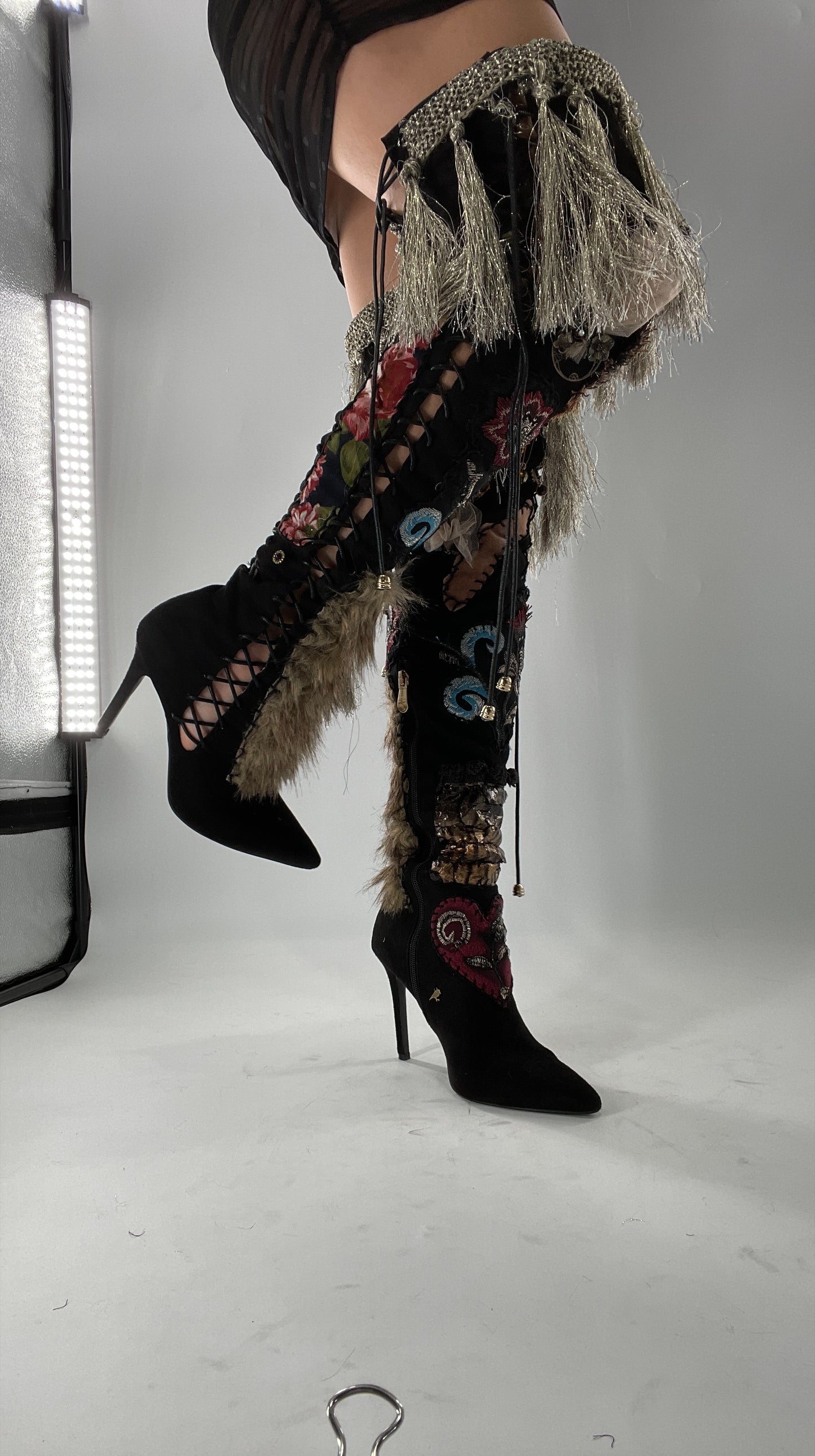 Custom Hand Sewn + Embroidered Thigh High Boots (7.5)