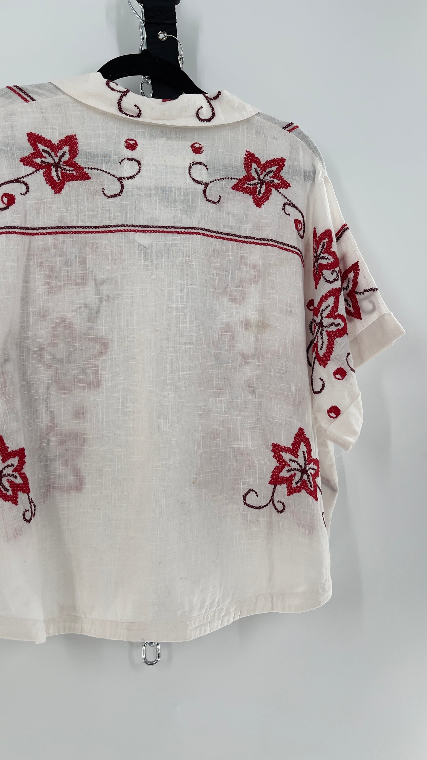 Free People White Cotton Boxy Button Short Sleeve with Red Needlepoint Embroidery (Small)