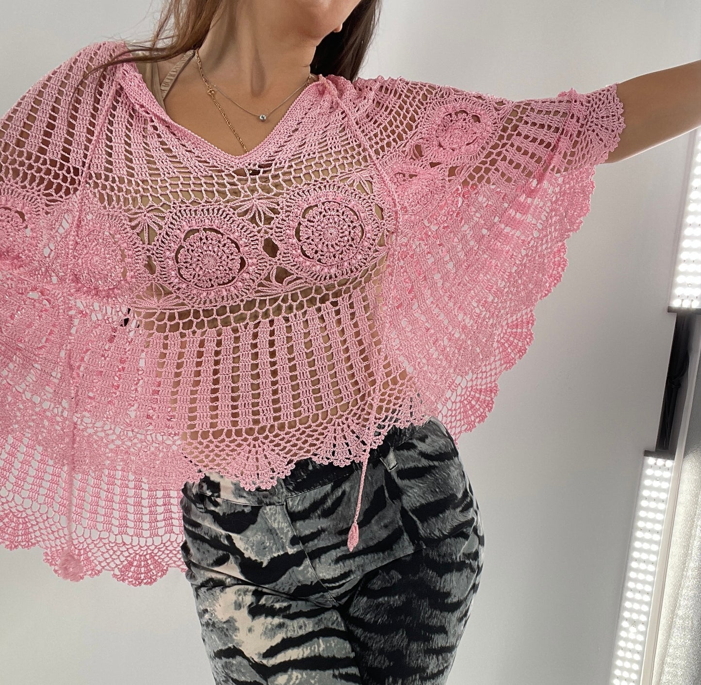 Vintage J&X NY BubbleGum Pink Crochet Embellished Poncho (One Size)