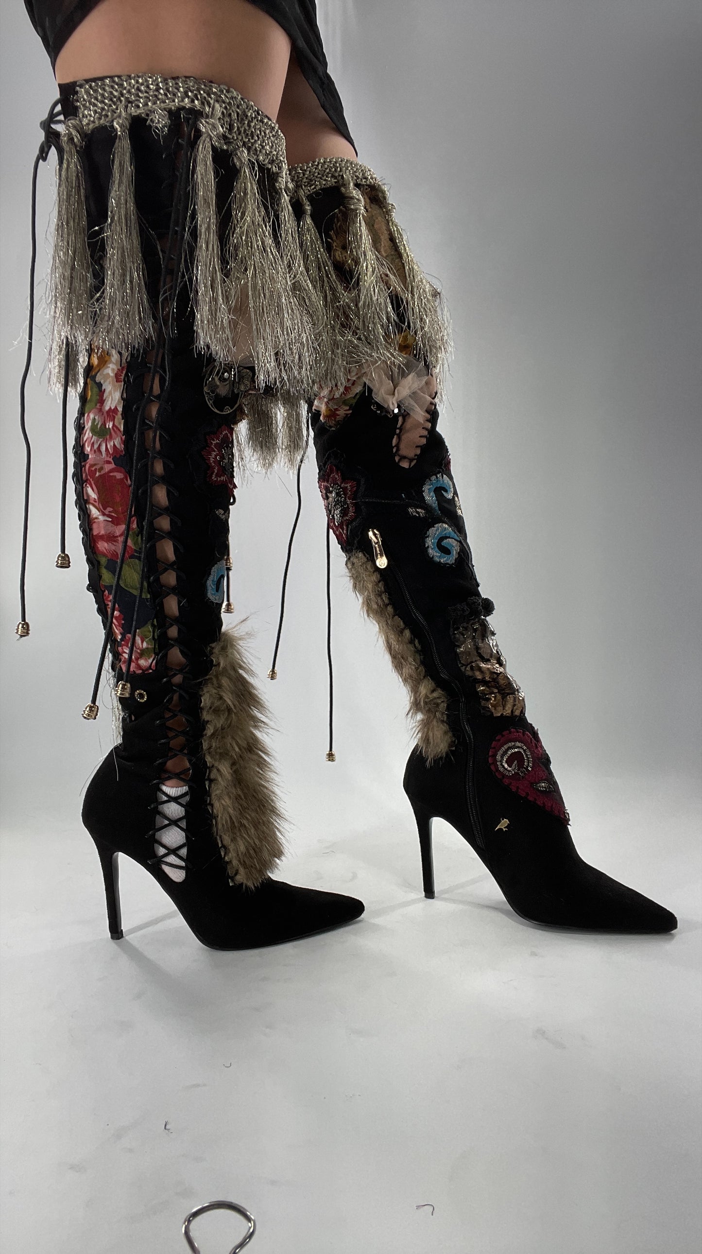 Custom Hand Sewn + Embroidered Thigh High Boots (7.5)