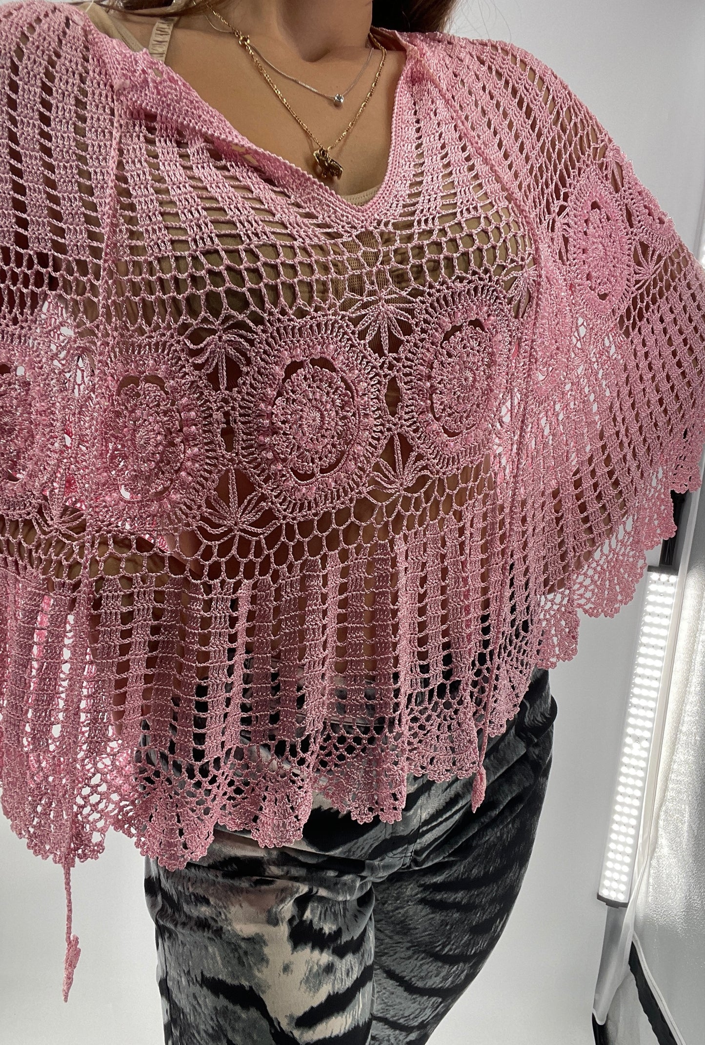 Vintage J&X NY BubbleGum Pink Crochet Embellished Poncho (One Size)