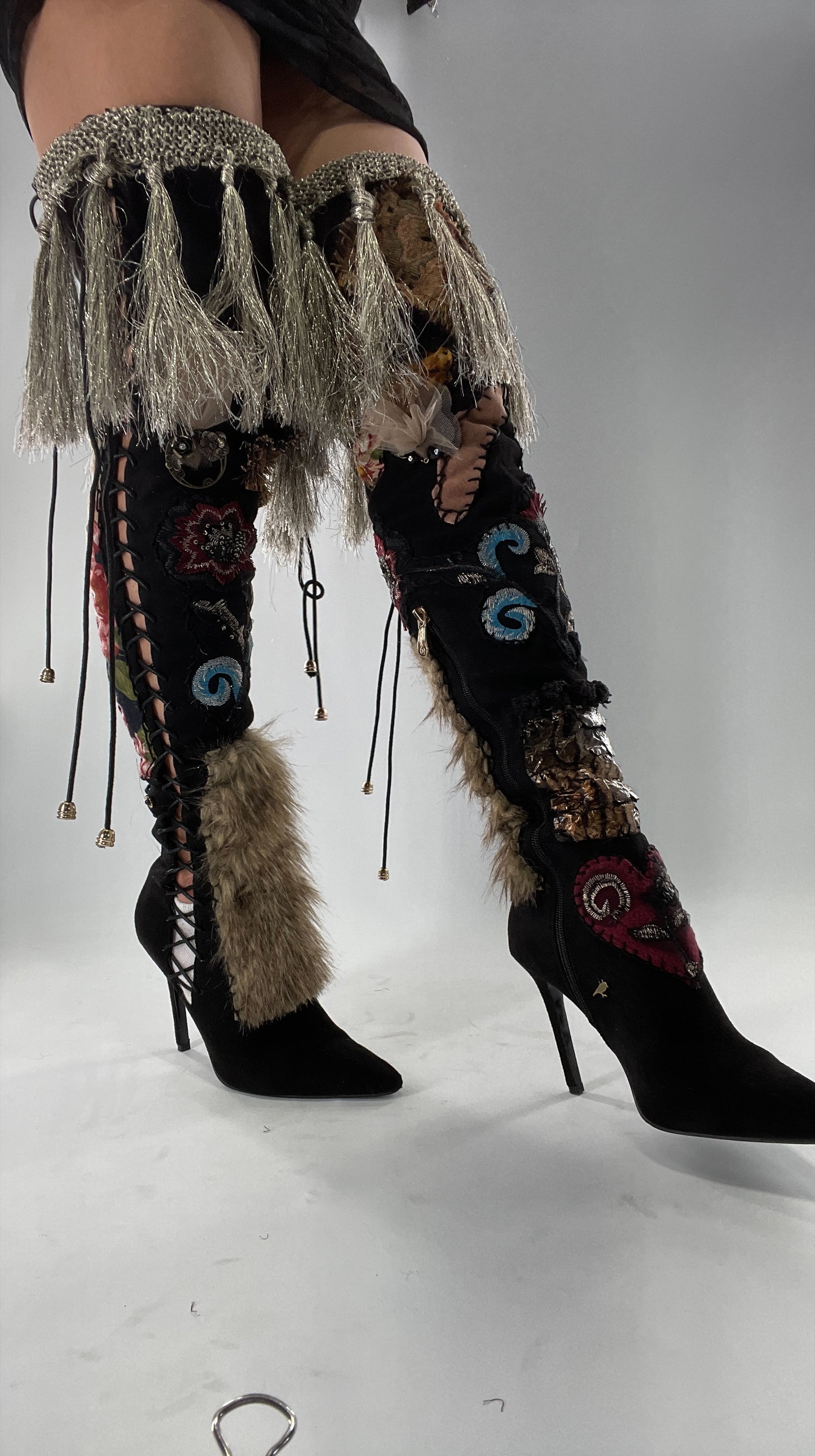 Custom Hand Sewn + Embroidered Thigh High Boots (7.5)