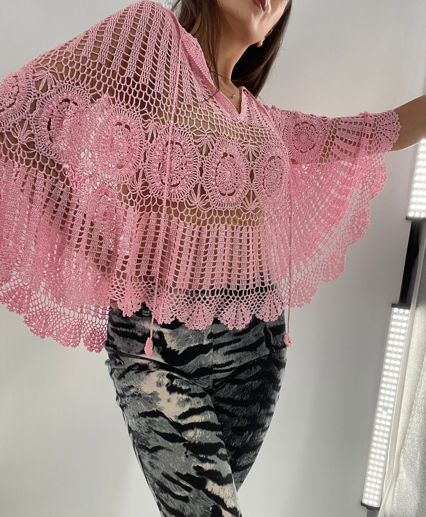 Vintage J&X NY BubbleGum Pink Crochet Embellished Poncho (One Size)