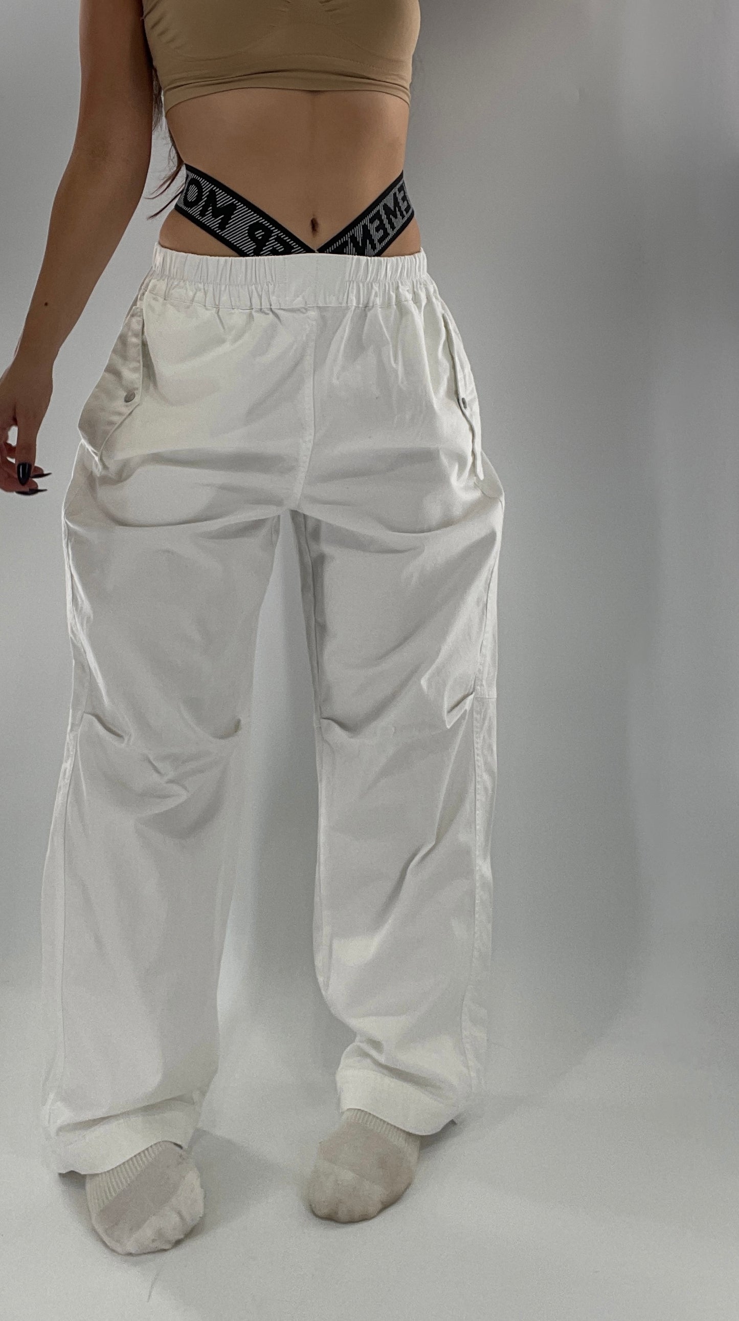 Free People Movement White Carpenter Pant with Branded Double Waistband (Small)