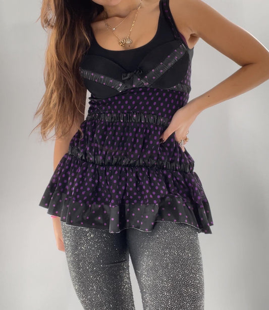 Vintage Black + Purple Polka Dot Babydoll (34B)