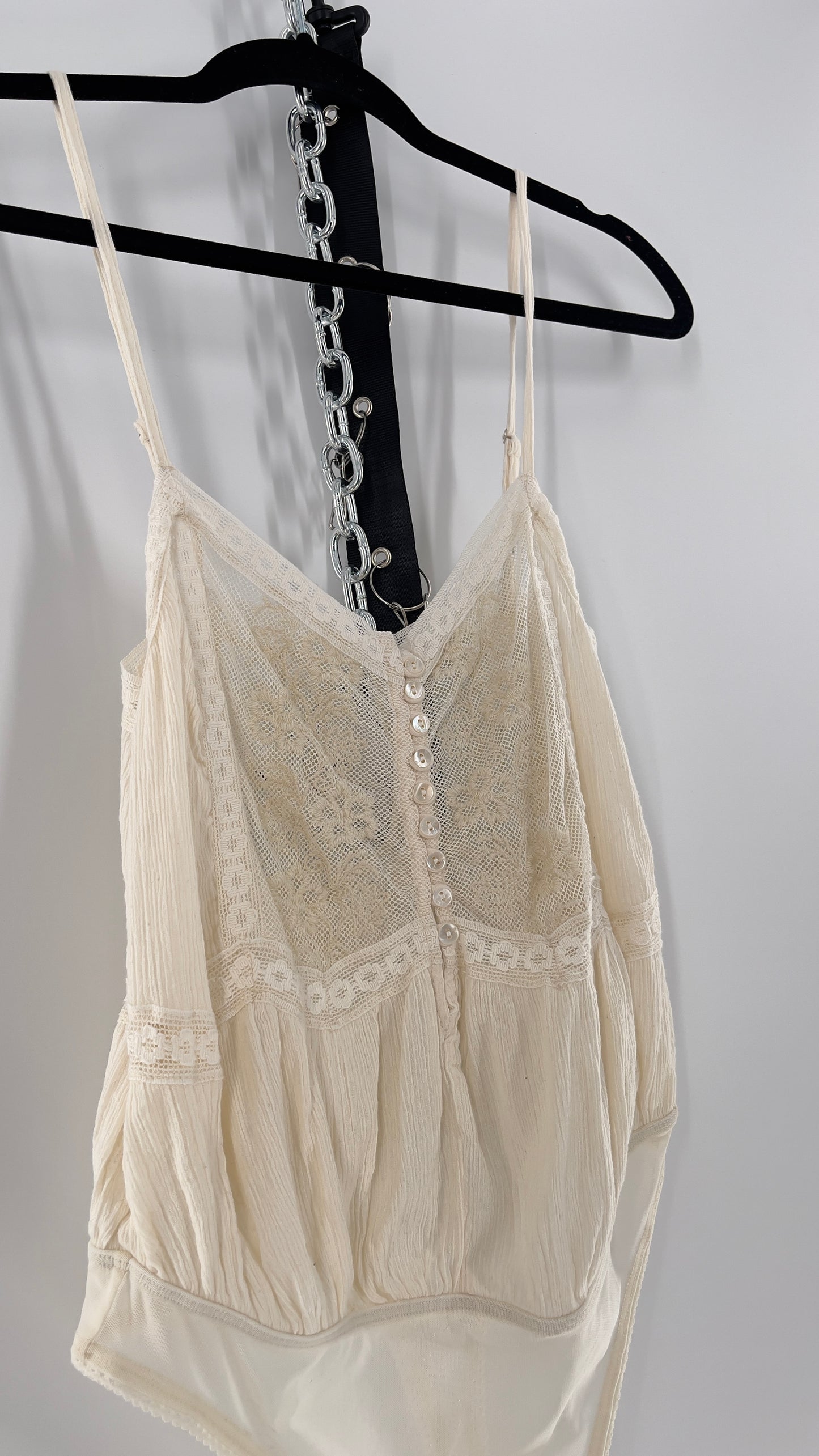 Free People Off White Cotton Bodysuit with Lace Buttoned Bust (Small)