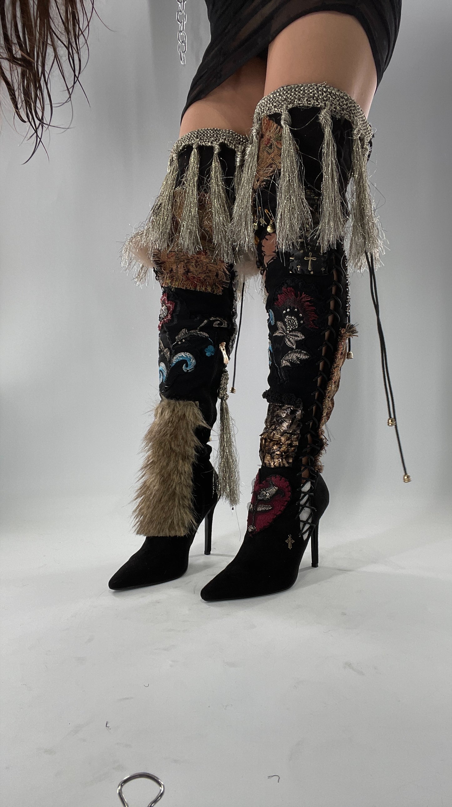 Custom Hand Sewn + Embroidered Thigh High Boots (7.5)