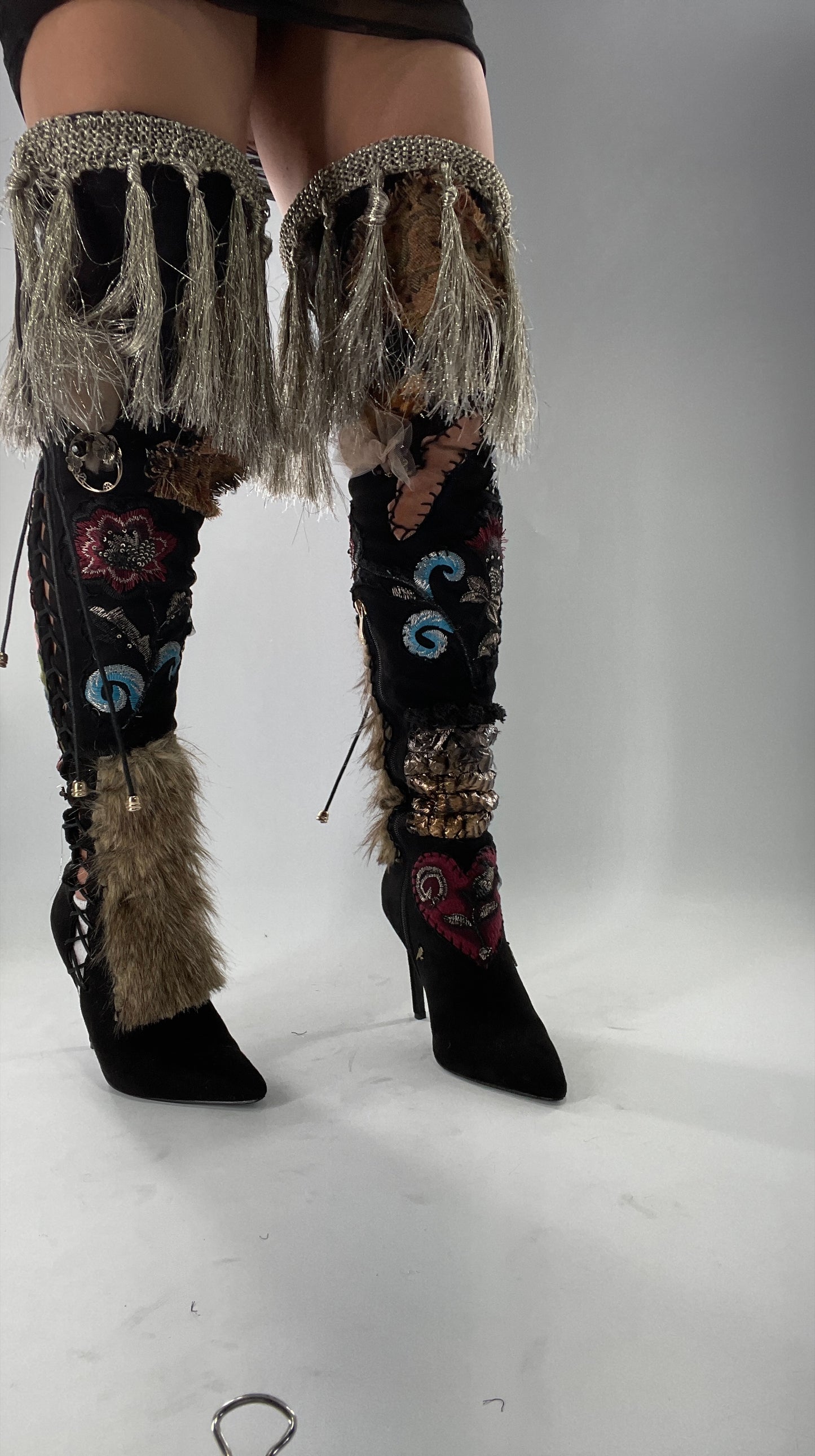 Custom Hand Sewn + Embroidered Thigh High Boots (7.5)