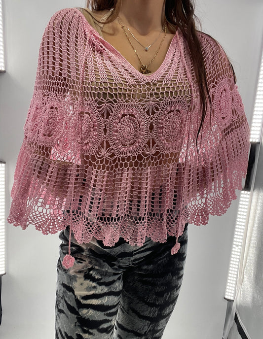 Vintage J&X NY BubbleGum Pink Crochet Embellished Poncho (One Size)