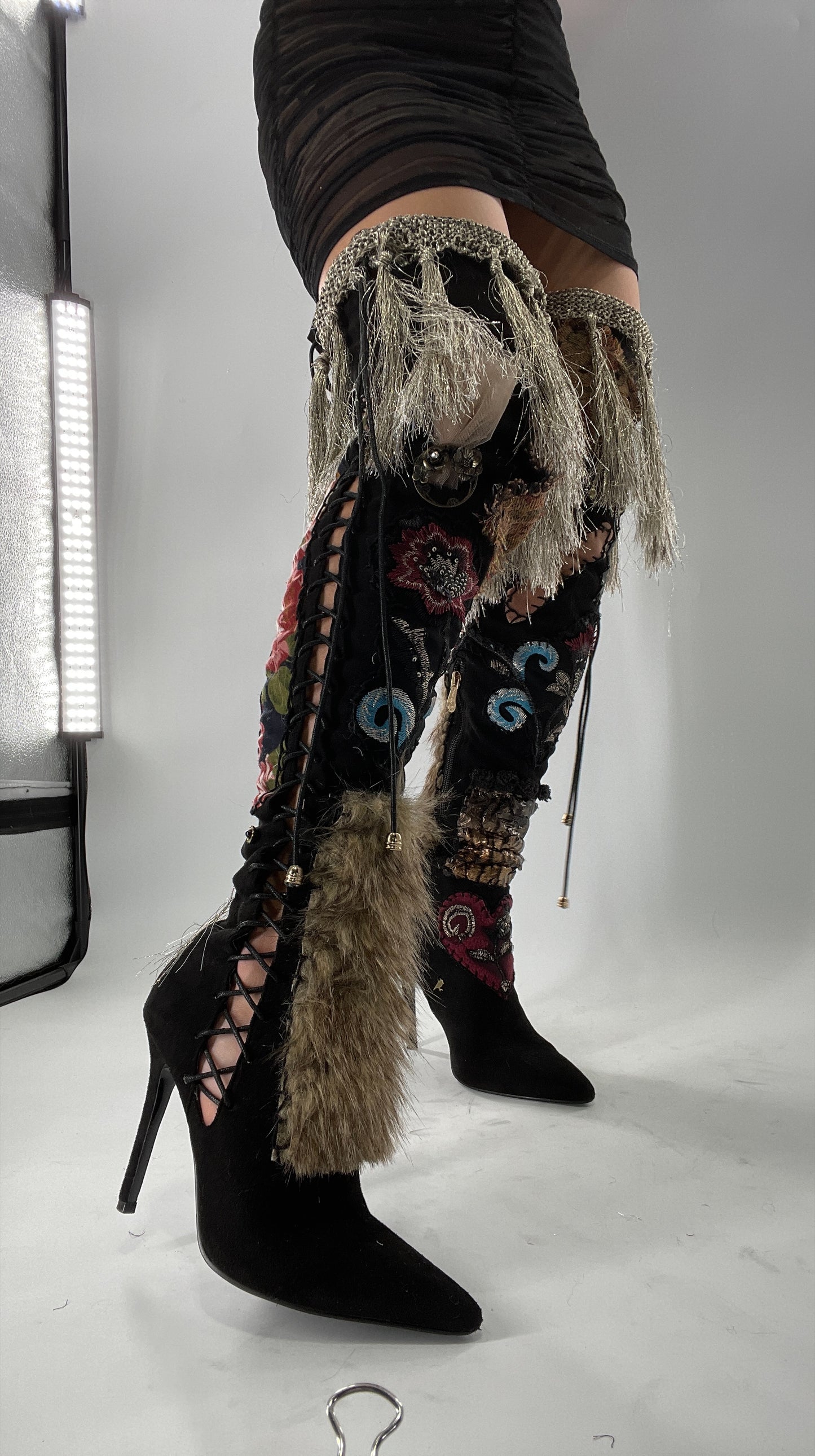 Custom Hand Sewn + Embroidered Thigh High Boots (7.5)