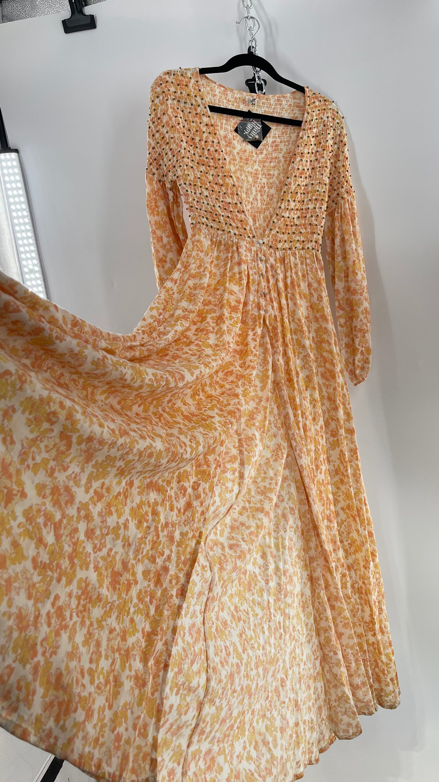 Intimately Free People Orange Floral Smocked Maxi Dress (XS)