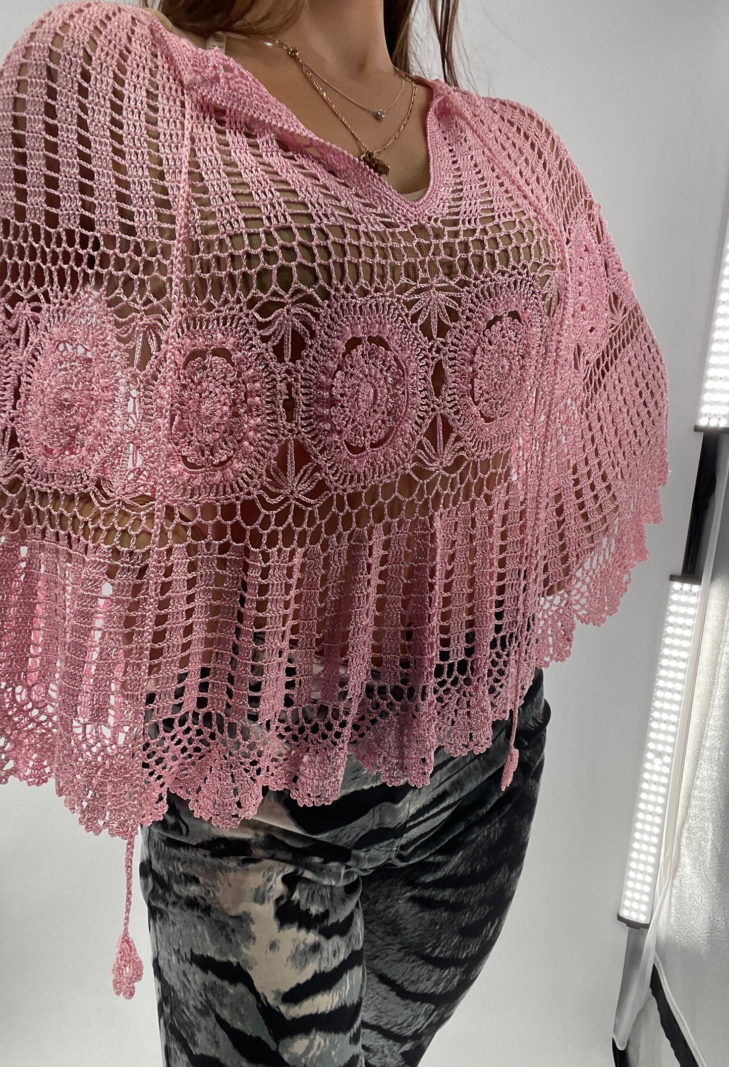 Vintage J&X NY BubbleGum Pink Crochet Embellished Poncho (One Size)