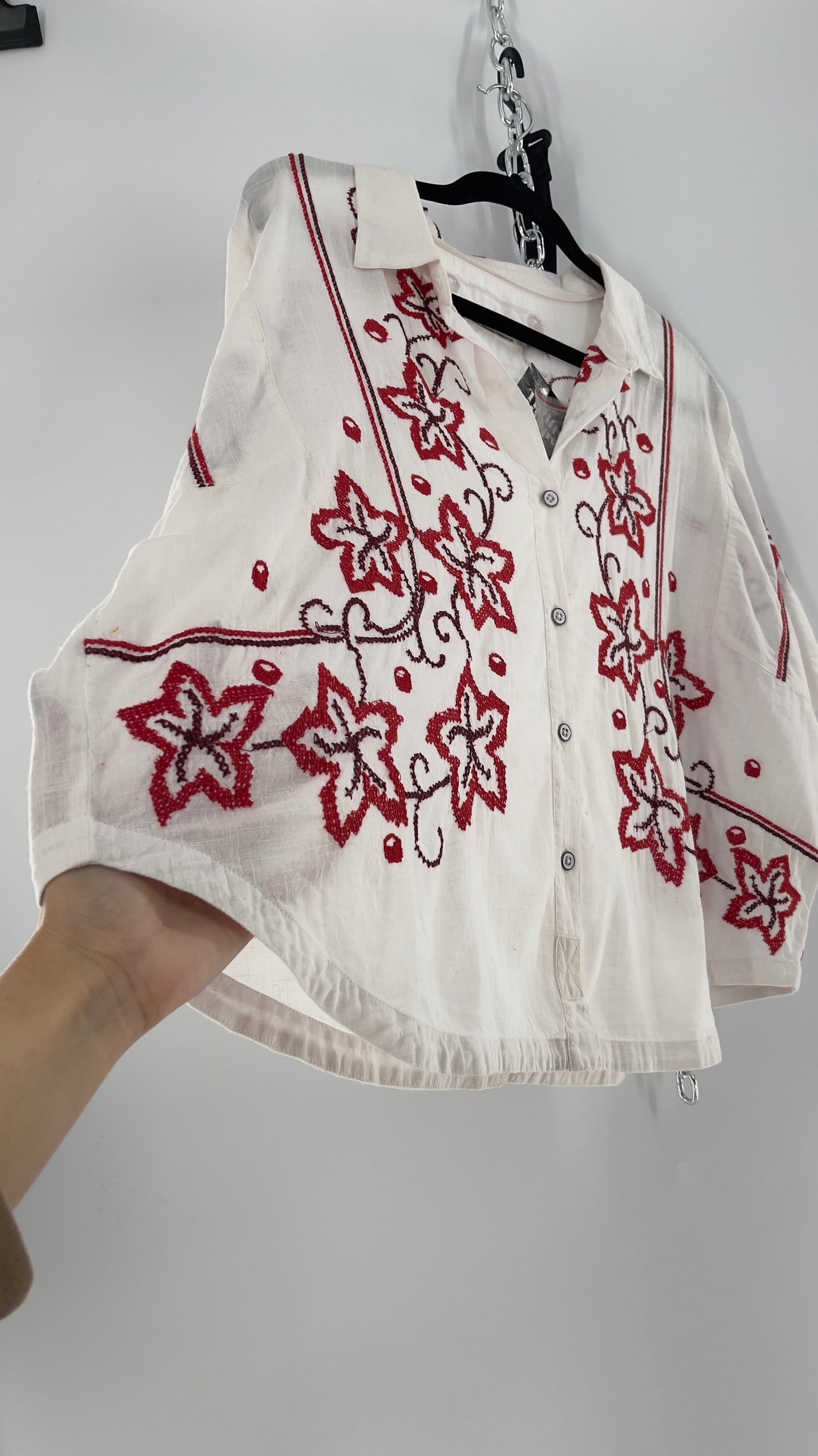 Free People White Cotton Boxy Button Short Sleeve with Red Needlepoint Embroidery (Small)