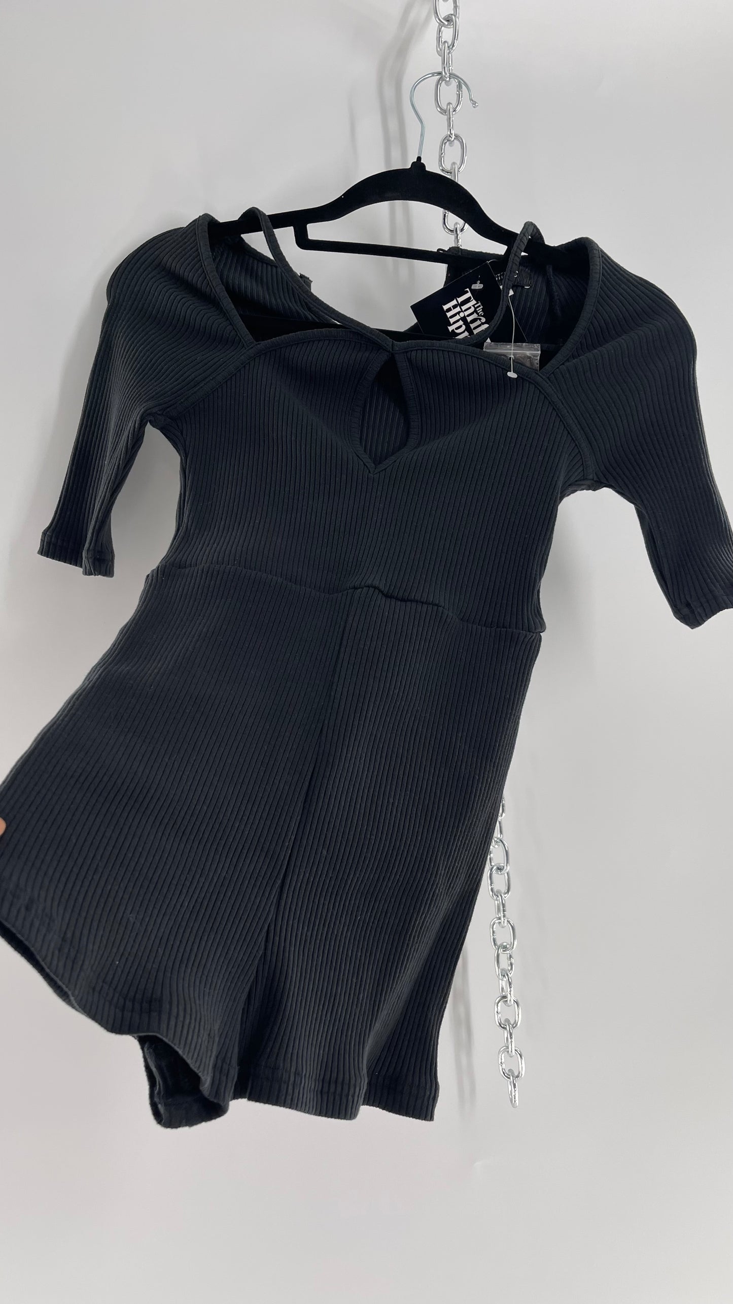 Urban Outfitters Black Ribbed Jumpsuit with Detailed Neckline (Small)