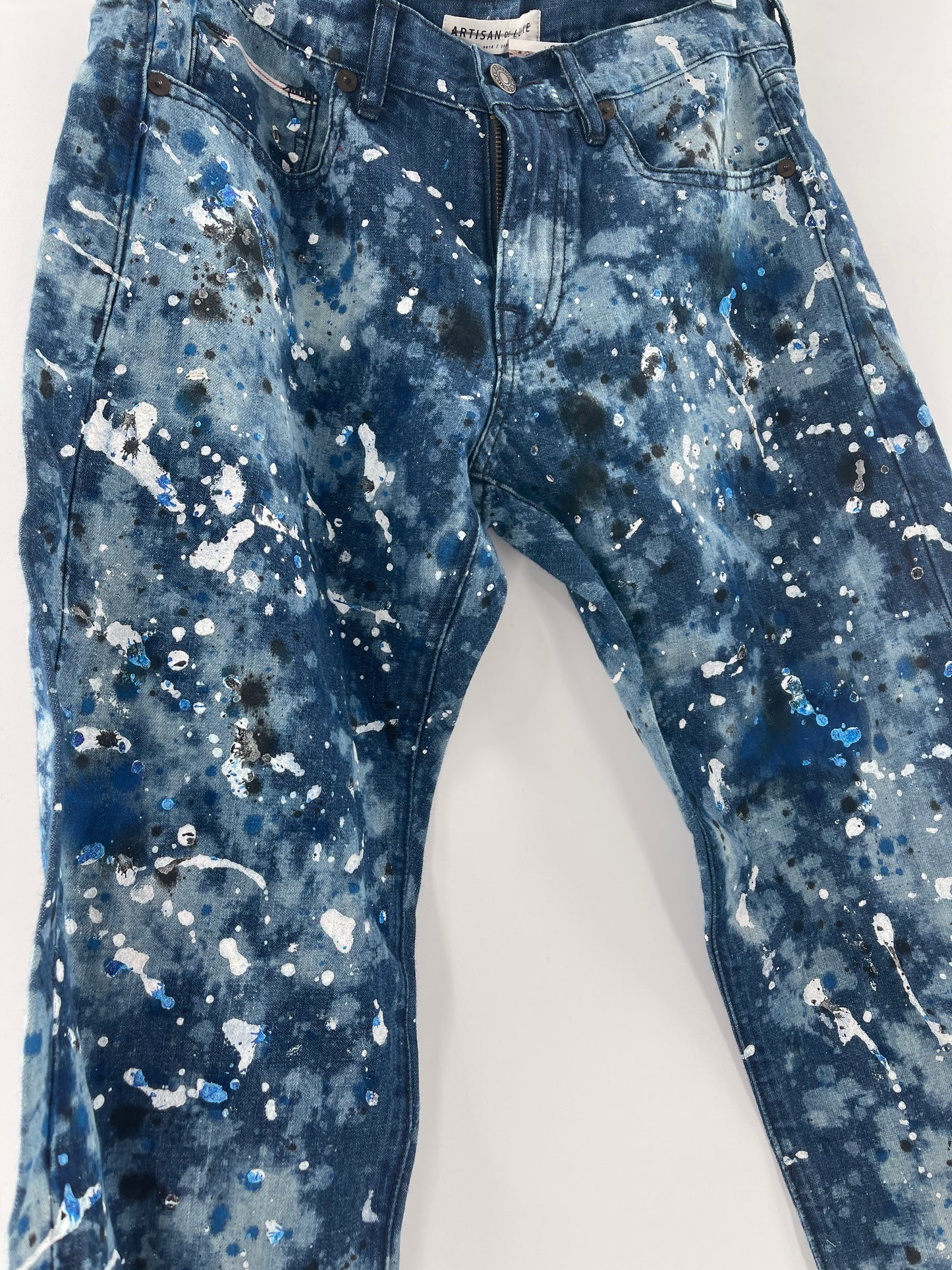 Artisan De Luxe Anthropologie- White + Blue Paint Splattered Jeans