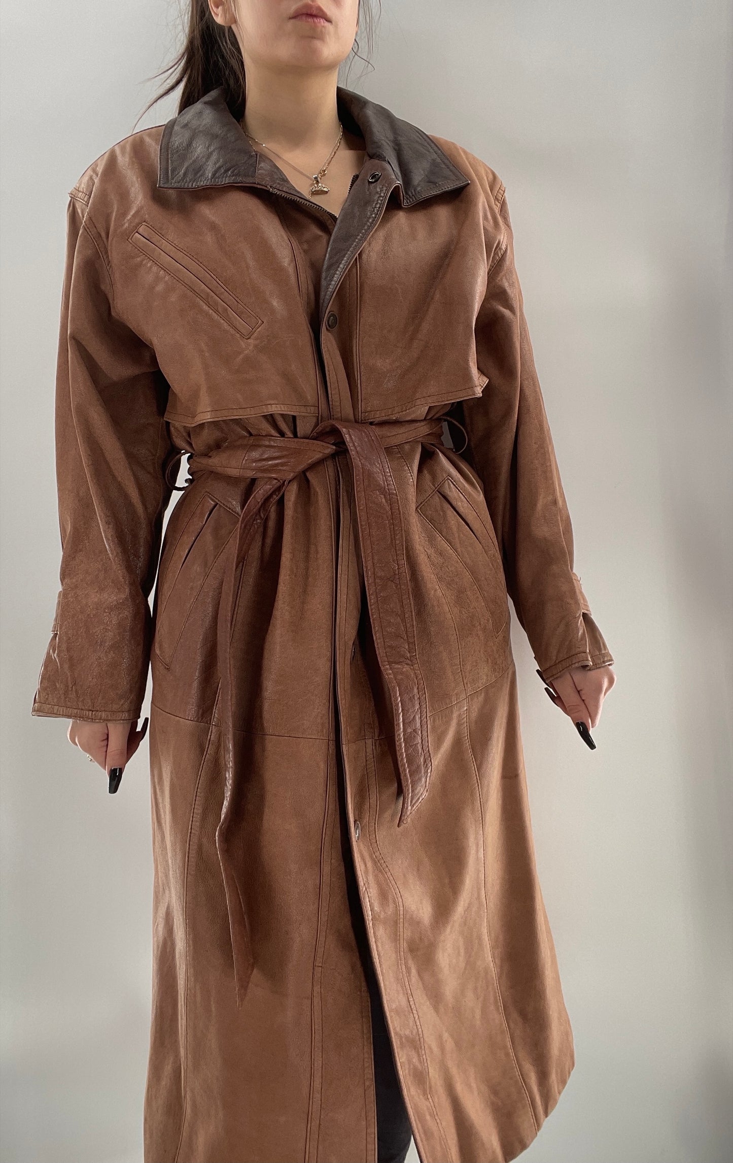 Adventure Bound By Wilsons Vintage Leather Trench Coat with Belt and Front Zipper and Removable Lining - Size M