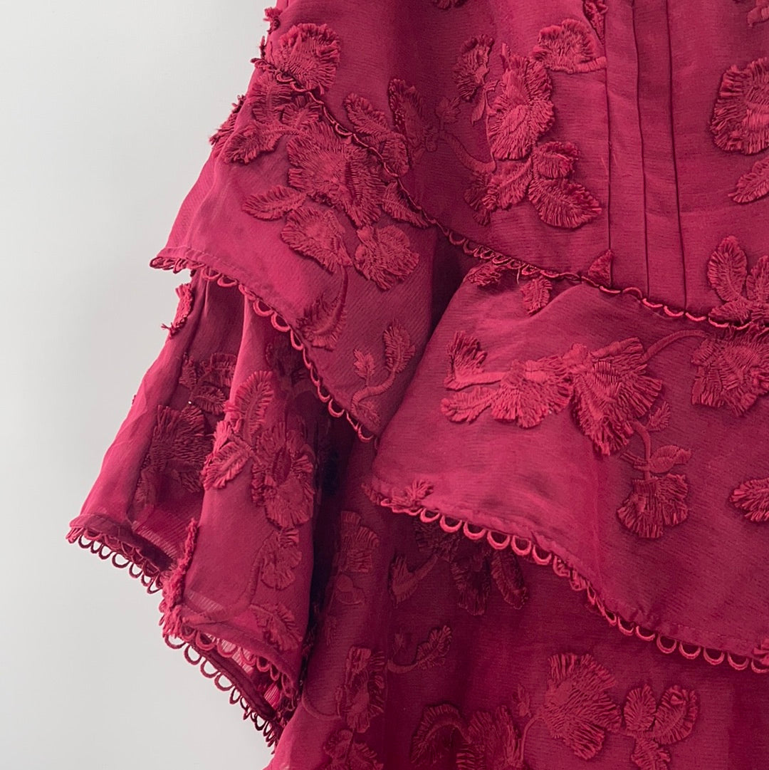 Keepsake Wine Red Mid Length Ruffled Skirt (Size XXS)